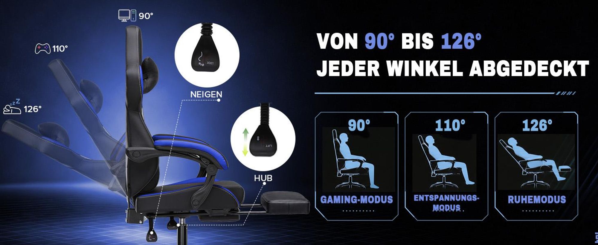 GTPLAYER Gaming Stuhl Bürostuhl Gaming Sessel mit Fußstütze, Ergonomischer Gamer Stuhl mit Verbundenen Armlehnen, Höhenverstellbaren Schreibtischstuhl
