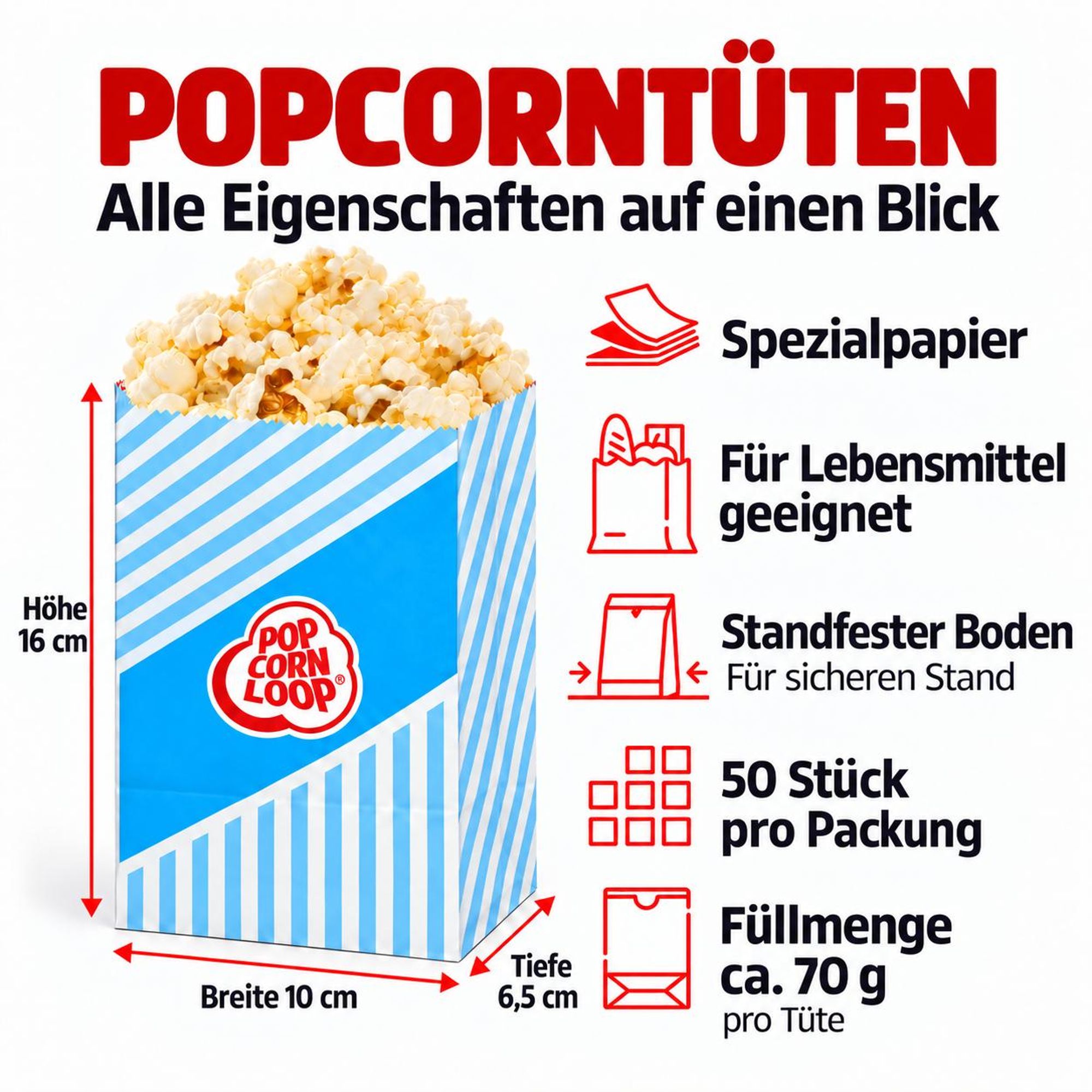 Popcornloop ® Blaue Popcorntüten 50 Stück Popcorn Box Tüten CandyBar Hochzeit Papier Süßigkeiten Boxen für Party Papier Behälter Blau Weiß Snackbox