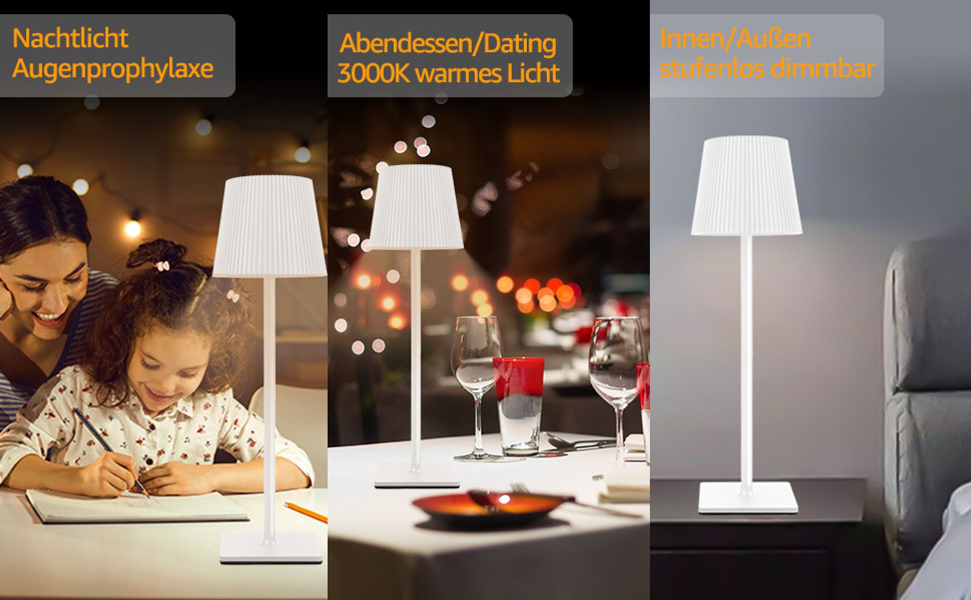 7MAGIC 2 Stück LED Dimmbare Akku Tischlampe Kabellose, Wiederaufladbar Warme Lichtfarbe Tischleuchte mit USB Ladestation, IP54 Wasserdichte, Weiß