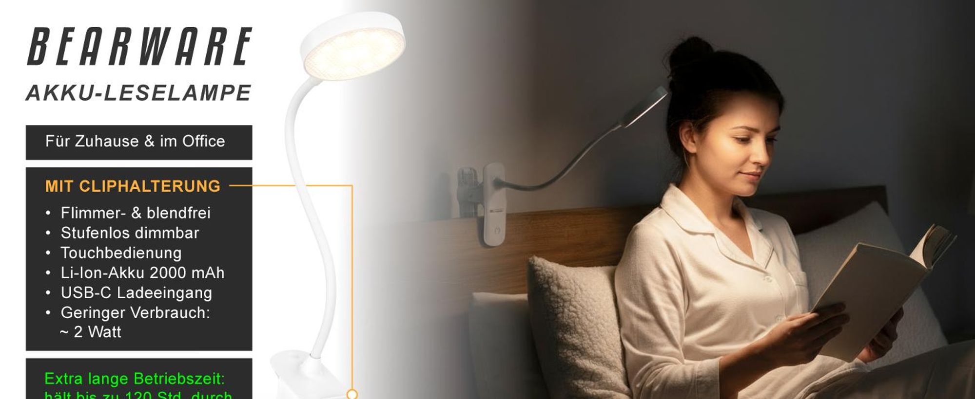 Brandson Leseleuchte dimmbar, Leselampe, Klemmleuchte, Klemmlampe, LED Tischleuchte, Tischlampe, Nachttischlampe, Schreibtischlampe, mehrere Helligkeitsstufen, 3 Lichtfarben, Akku, USB-C