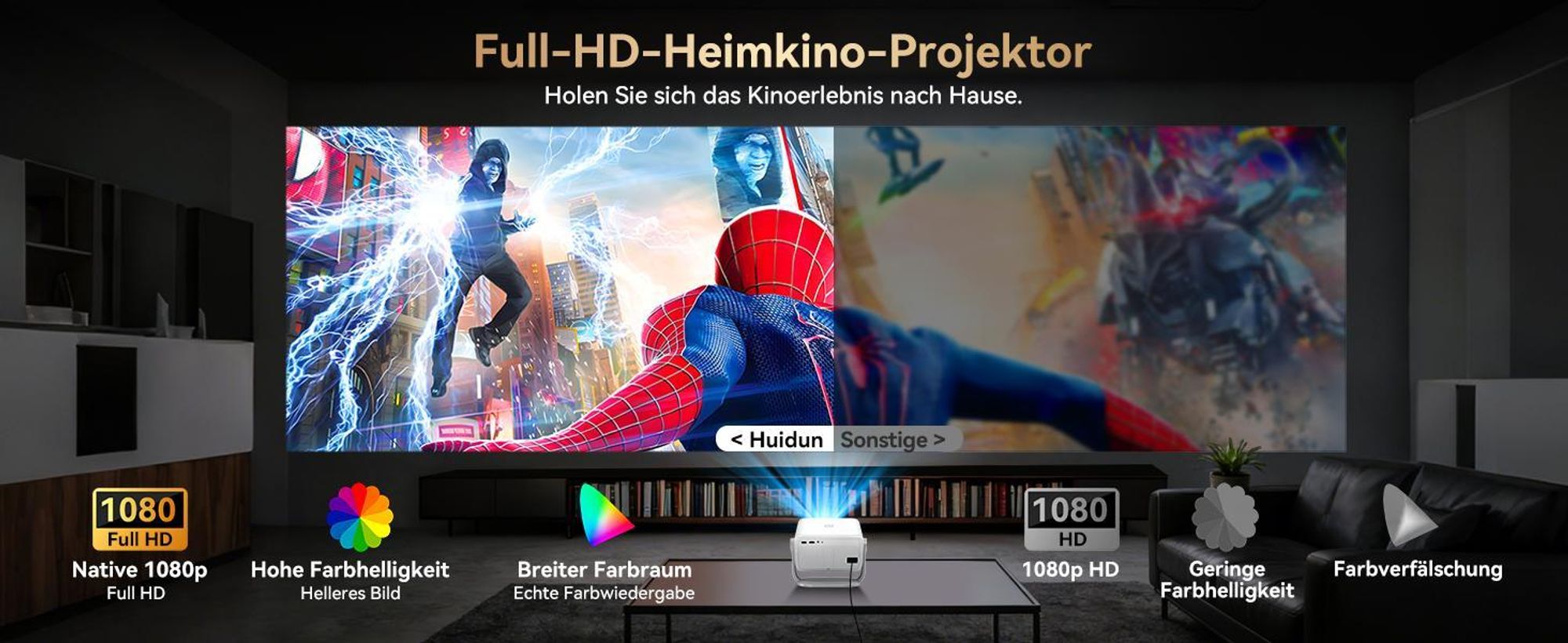 Blackview-Huidun PT10 Beamer, 25000 Lumen, 1080P Native, 4K, Google TV, 360° Deckenprojektion, KI Autofokus, WiFi 6, 10W HiFi, Tragbares Heimkino