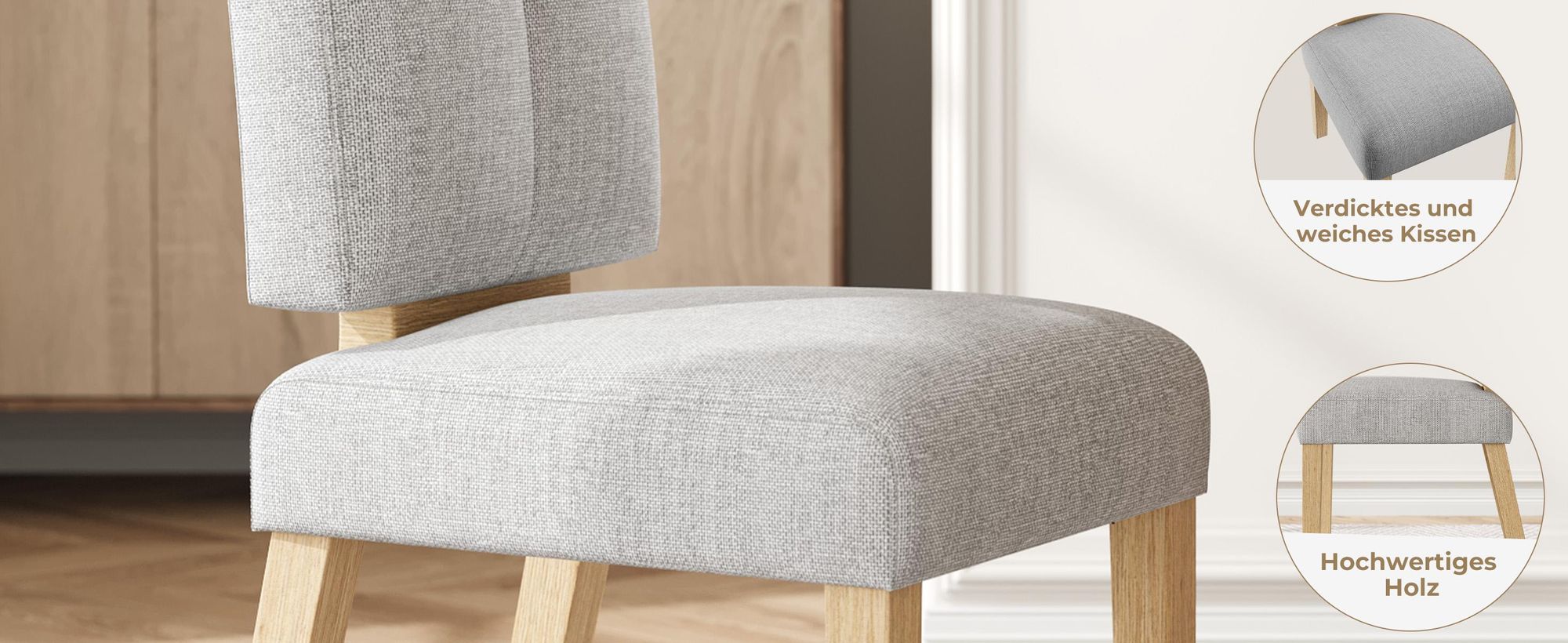 Stuhl Holz-Esszimmerstühle, 2er-Set Grau, Polsterstuhl, Extra dickes Sitzpolster für hohen Sitzkomfort