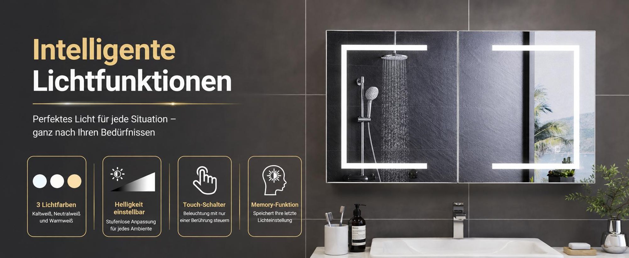 Badezimmerspiegel mit LED, und Touch-Schalter für komfortable Lichtsteuerung.
