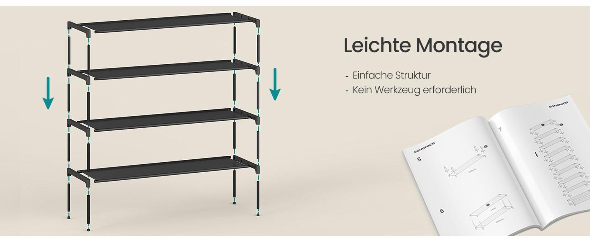 Schuhregal 4 Ebenen, Schuhaufbewahrung, Eingangsbereich, platzsparend, Metallrahmen, Vliesstoff-Ablage, schwarz