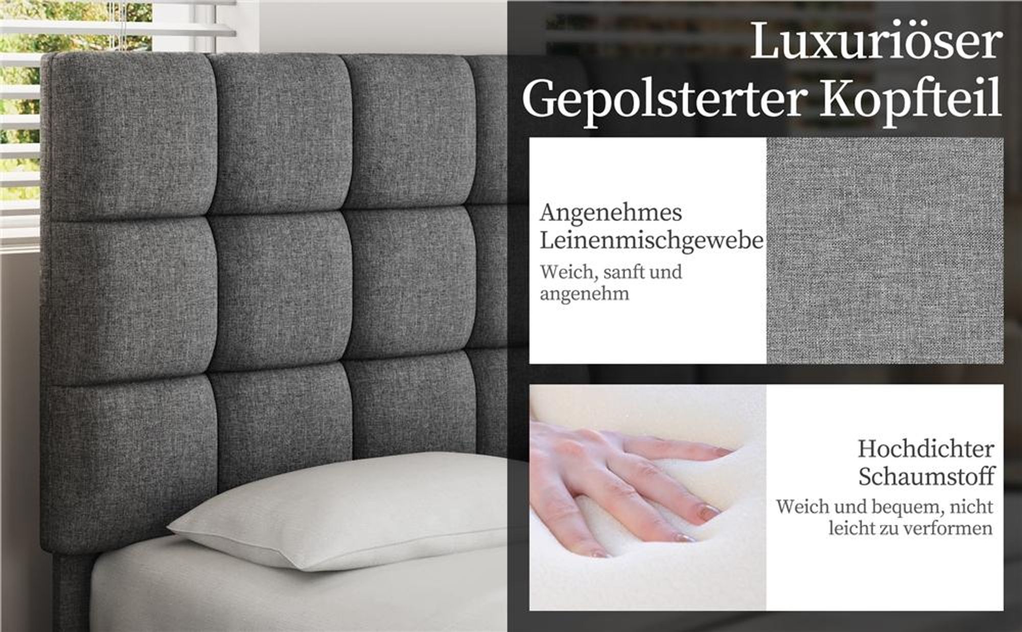 Yaheetech Polsterbett Doppelbett 140 x 200 cm, Bettgestell mit höhenverstellbarem Kopfteil, mit Lattenrost, Hellgrau