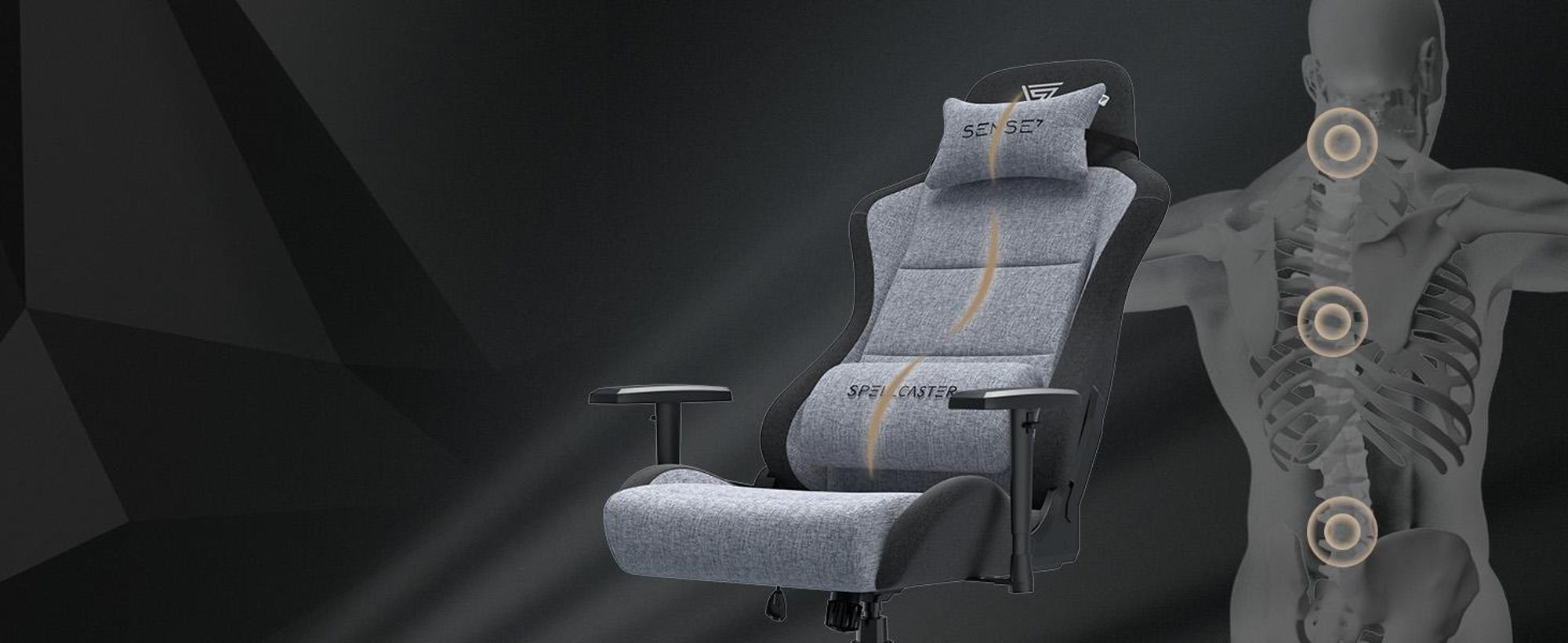 Herná stolička SENSE7 Spellcaster FUKU XL, látka, sivá a čierna – ergonomická kancelárska stolička, stolička k písacímu stolu, nosnosť do 160 kg, funkcia naklápania, kolieska na tvrdú podlahu