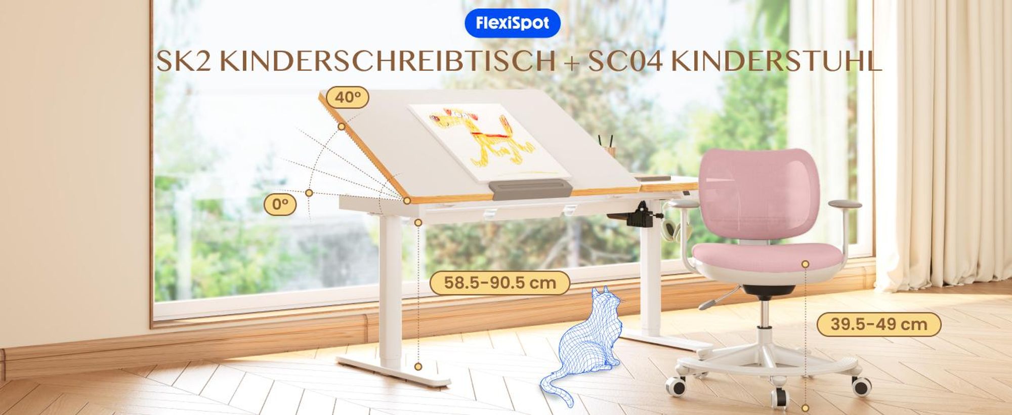 FLEXISPOT Kinderschreibtisch und Stuhl Set, Elektrisch höhenverstellbar, Neigbare Tischplatte, 3 Speicherplätze, Kindersicherung, 110x52 cm