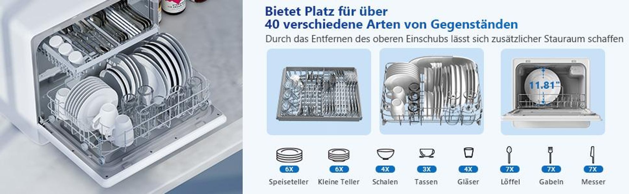 AIRMSEN Mini Geschirrspüler ,Geschirrspülmaschine mit mit 7Programe für 6Gedecke, Wasserenthärtungssystem, funktioniert mit/ohne Wasseranschluss