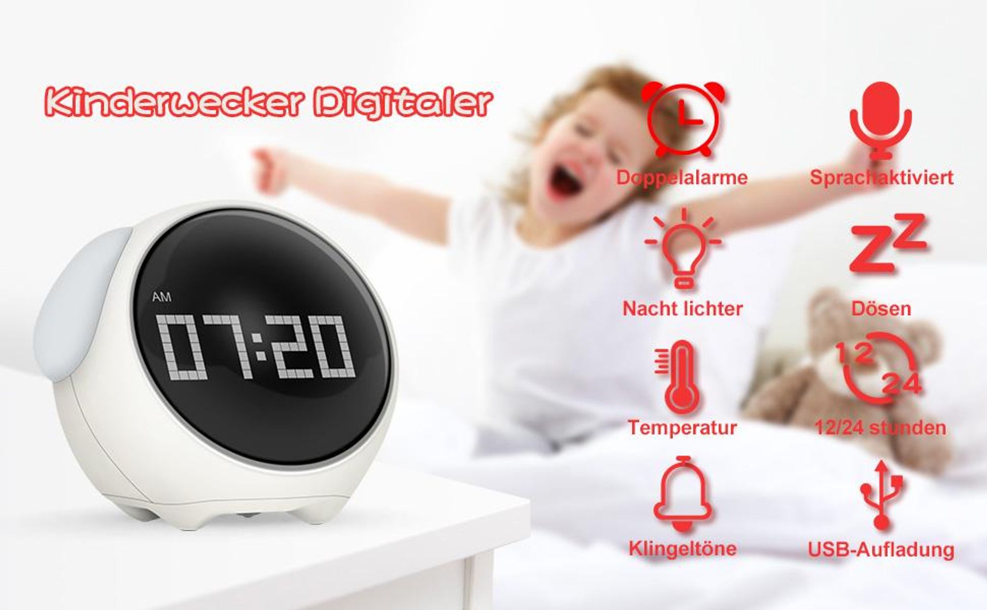 Digitaler Wecker, Kinderwecker, Kinderuhr, Netter Emoji, 2 Wecker mitbringen, 5 Stimmen, Schlummerfunktion, Datum, Temperatur, 12/24 Stunden