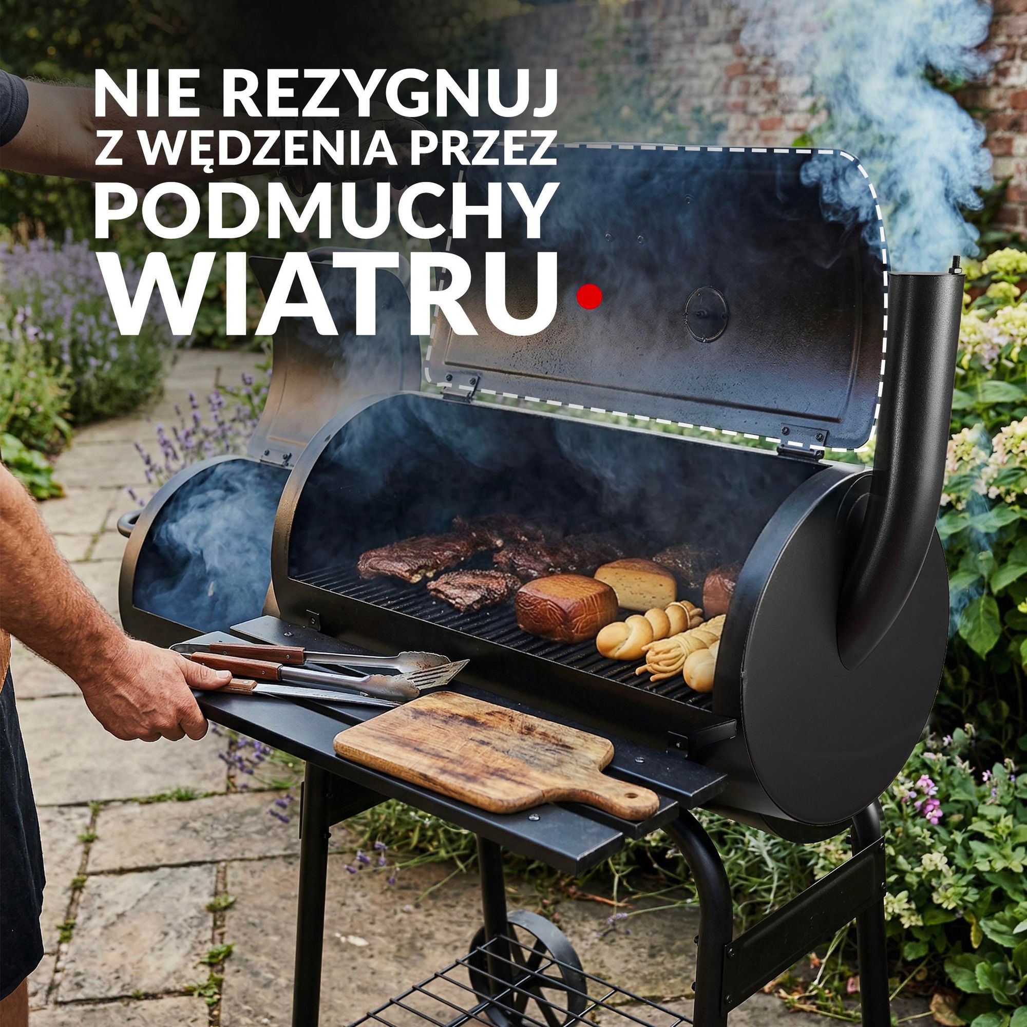Grill wędzarniowy i węglowy LEHMANN 2 w 1 – 2 komory, pokrywa, wbudowany termometr i uchwyt odporny na wysoką temperaturę, kolor czarny