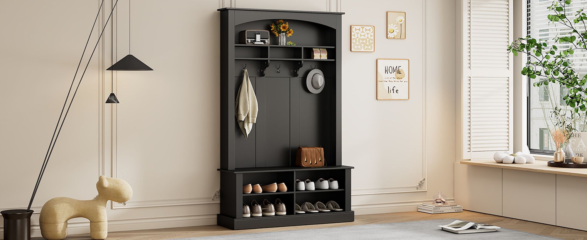 Flieks Garderoben-Set mit offenem Stauraum, Wandgarderobe mit Haken, Flurgarderoben Set, Schuhschrank, Wandgarderobe, 120x40x190cm, Schwarz