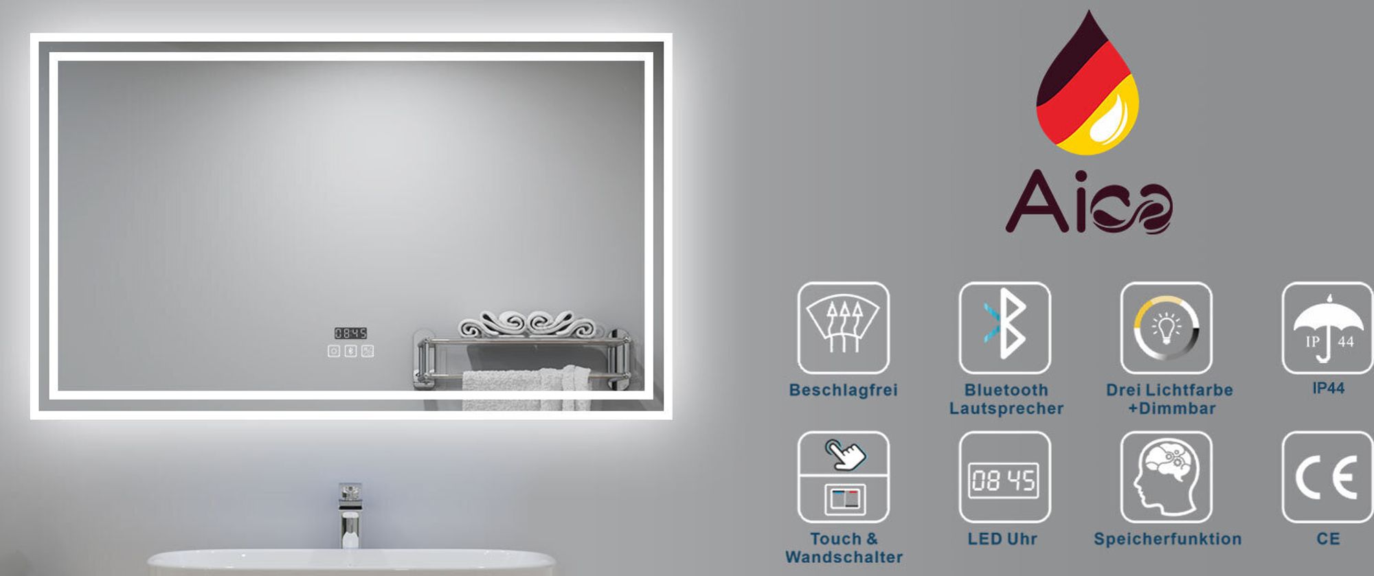 AICA LED Badspiegel 80x60cm mit Uhr Bluetooth Beschlagfrei Badezimmerspiegel 3 Lichtfarbe Kalt/Neutral/Warmweiß Dimmbar Memory-Funktion IP44