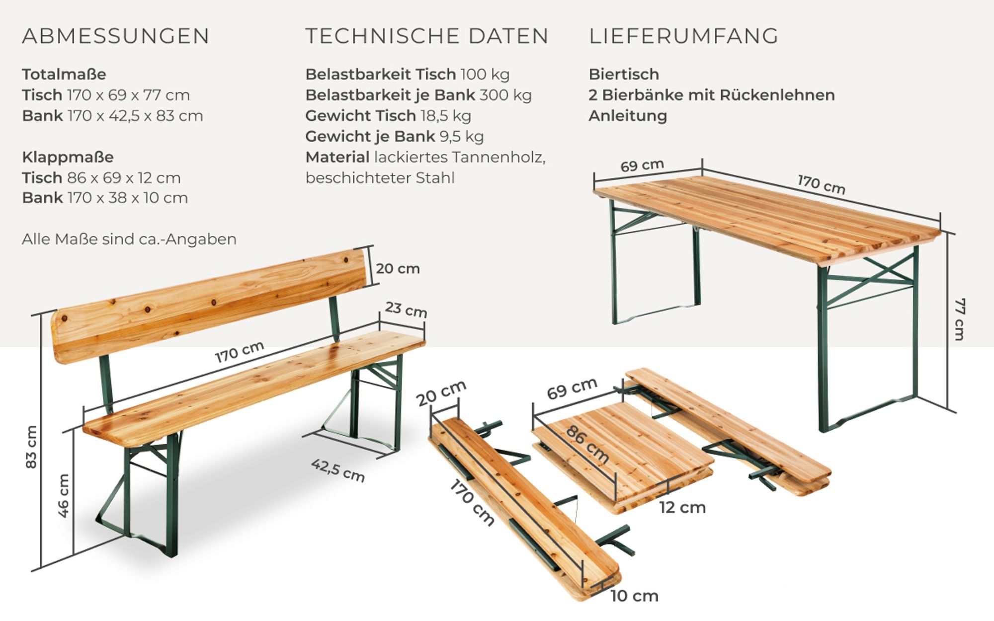 Bierzeltgarnitur 3-teilig klappbar Tannenholz Rückenlehne braun