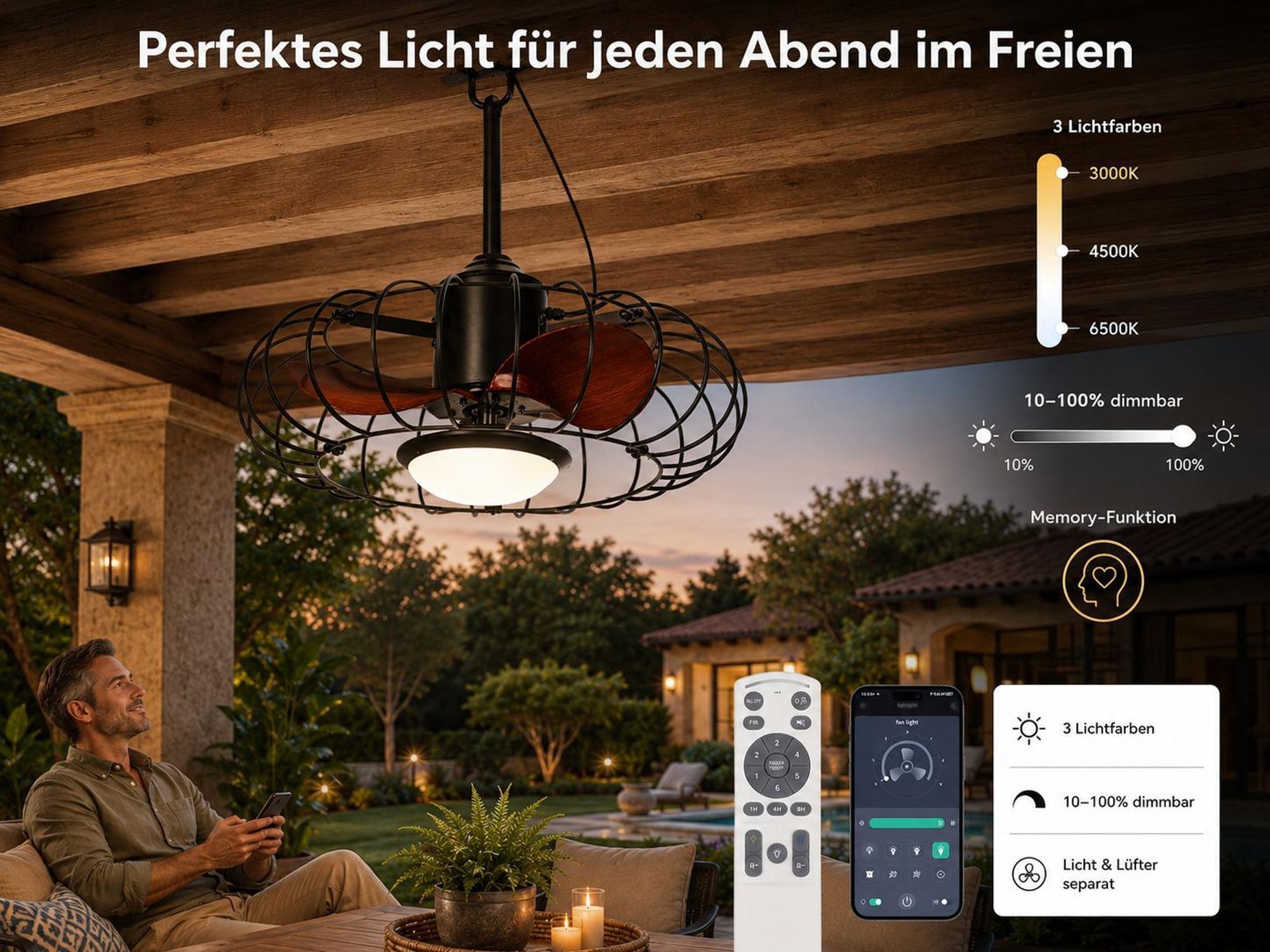 50CM Outdoor Deckenventilator mit Beleuchtung und Fernbedienung, IP65 Außen Lampe mit Ventilator, 6 Stufen, für Balkon Pavillon Terrasse, 5m Kabel