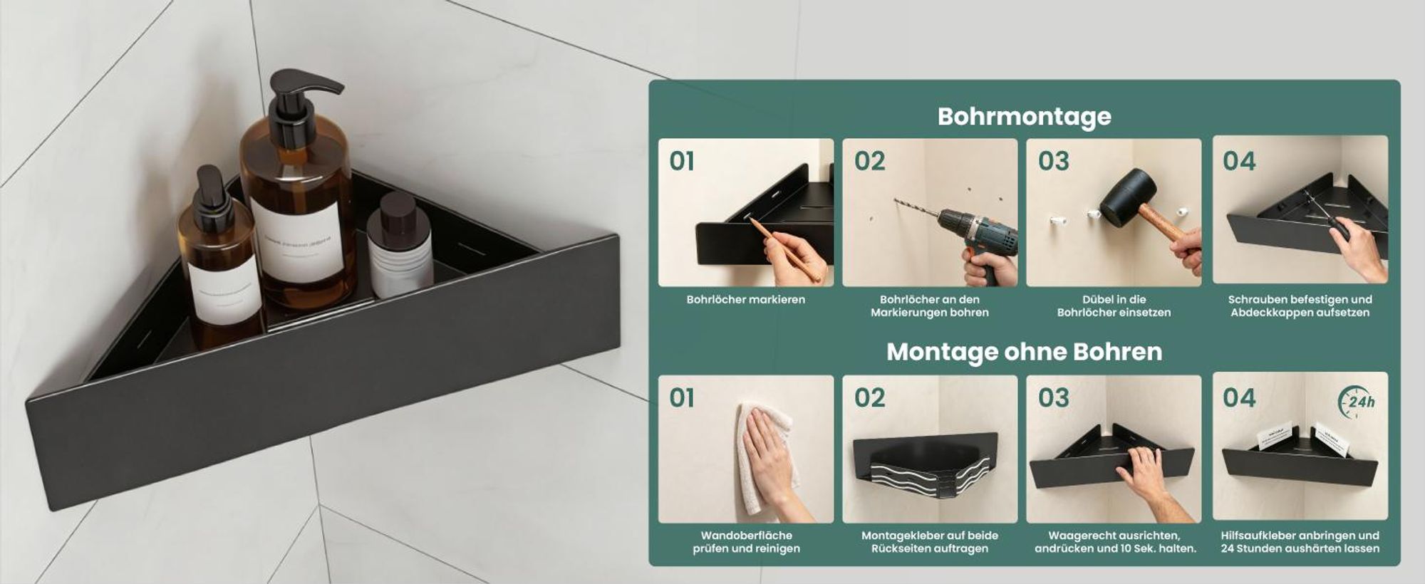 Mai & Mai Duschablage zum Bohren oder Kleben, Duschregal Badablage Ecke, Badezimmerablage zur Wandmontage für Bad und Küche, Sandschwarz Reglo-07