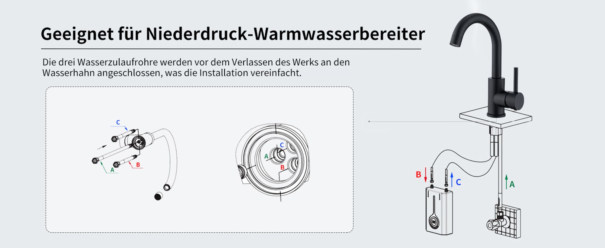 Niederdruck Wasserhahn Küche, Wasserhahn 360° Drehbar Küchenarmatur Niederdruck aus Edelstahl, Spültischarmatur für Spüle Boiler oder Untertischgeräte