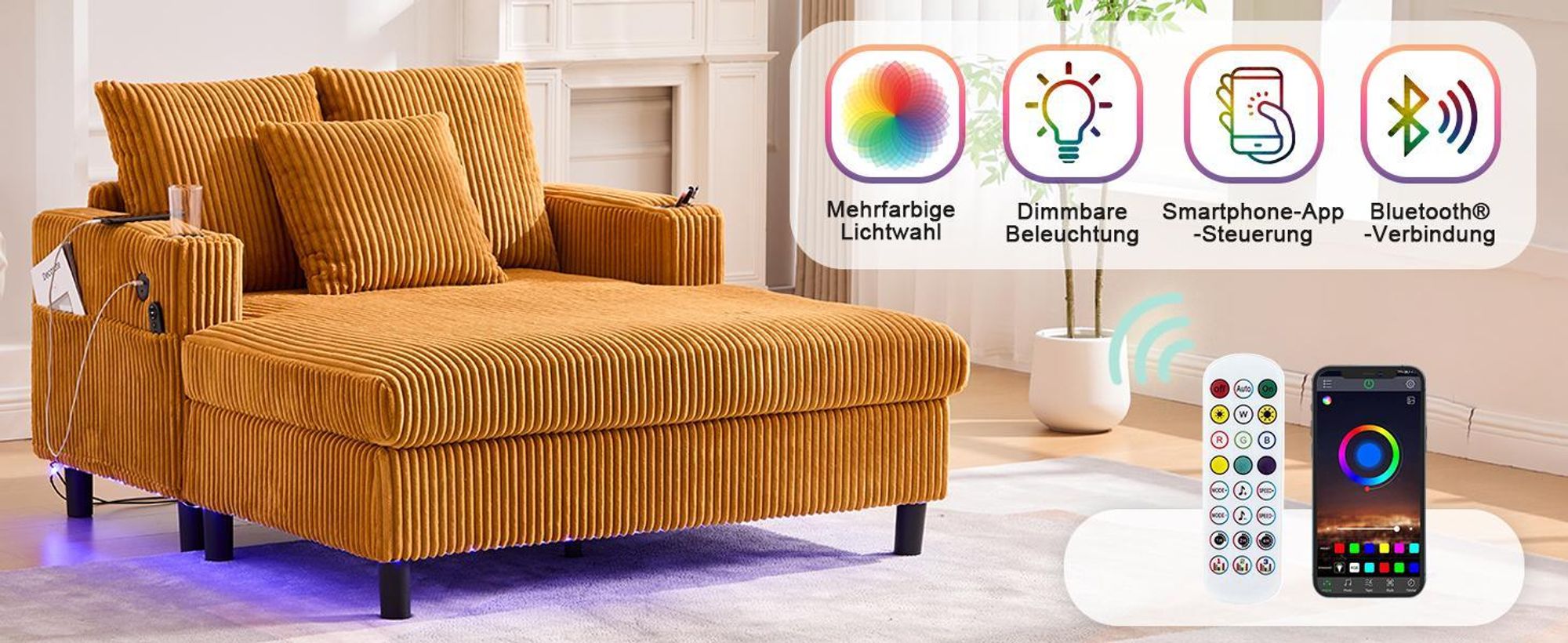 LVHOM Schlafsofa mit LED & USB, Cordstoff Palmensessel, Loungesofa mit Seitentaschen & Getränkehalter, 350kg Tragkraft, 128x85x142 cm, Gelb