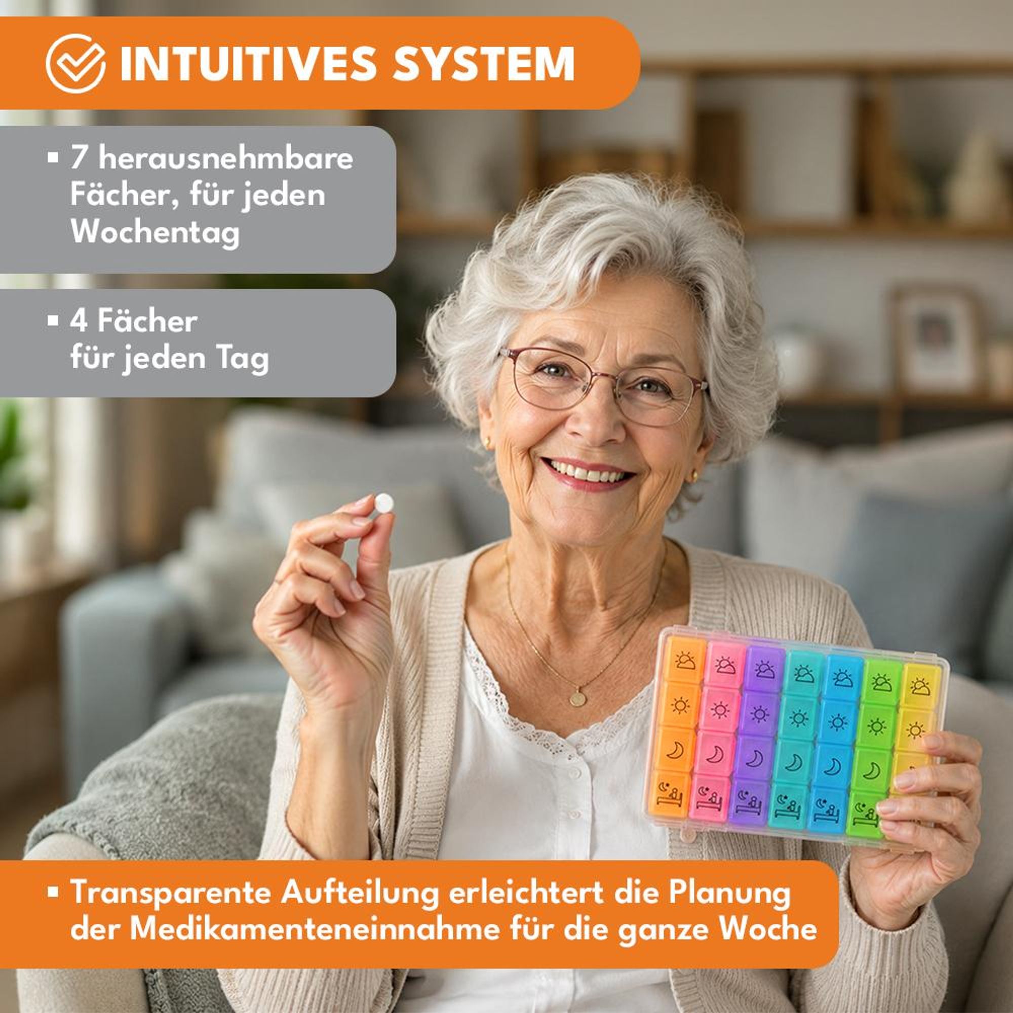 KRUMAD Tablettenbox 7 Tage mit 4 Fächern pro Tag, Medikamentenbox für morgens mittags abends, Pillendose Organizer für Medikamente und Vitamine