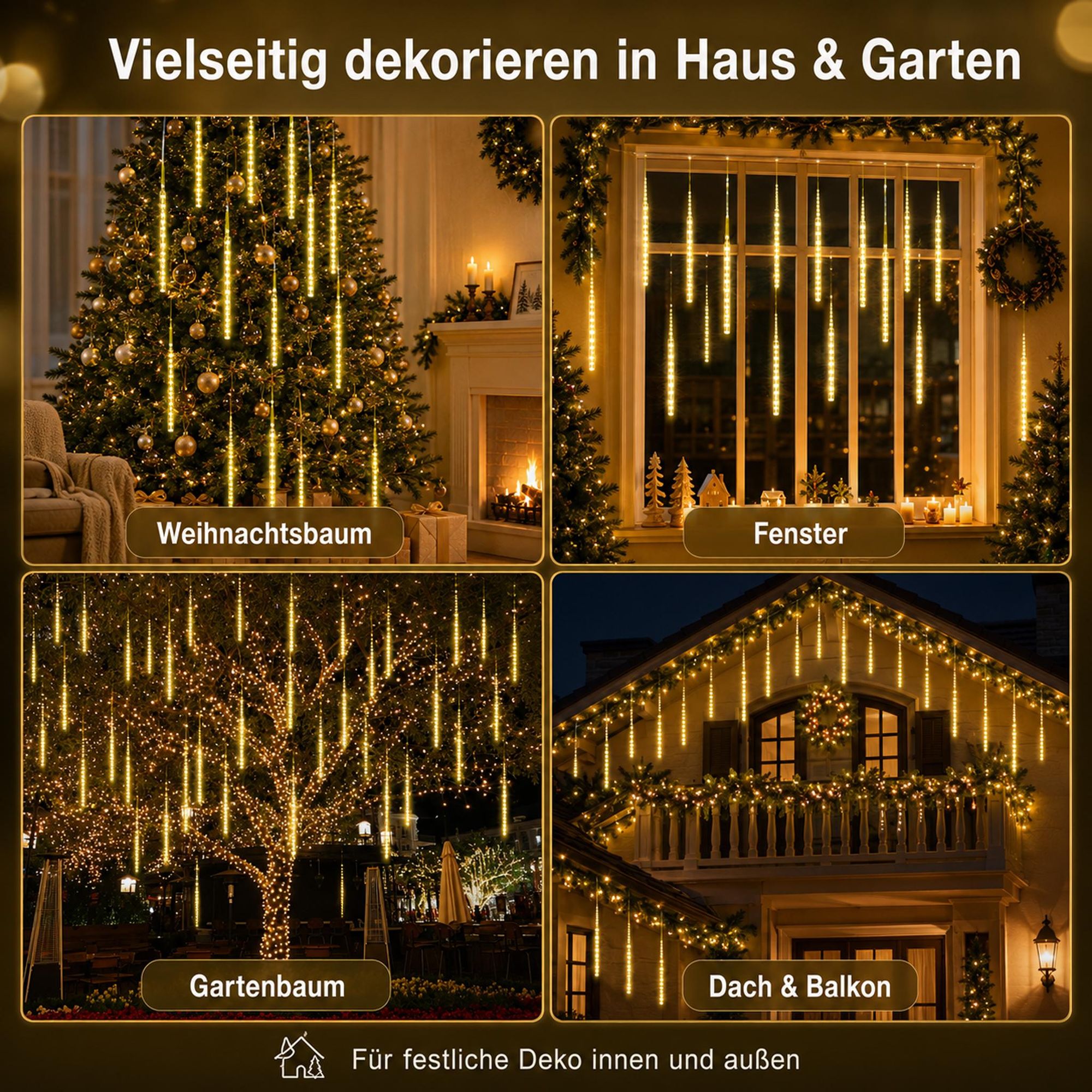 2.4M Meteorschauer Lichterkette 192 LED Weihnachtsdeko Eiszapfen Lichterkette Winter Halloween Dachrinne Fenster Garten Balkon Deko, Warmweiß