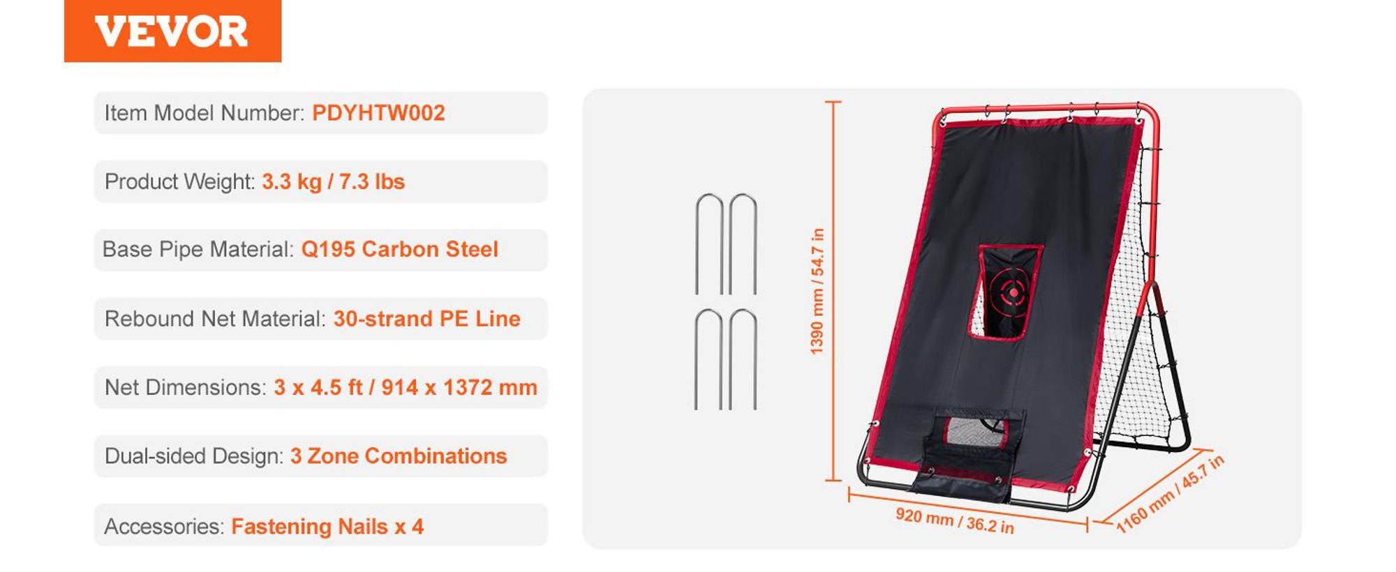 VEVOR Baseball- und Softball-Rebounder-Netz, 3,5 x 4,5 ft 2-in-1 Wechselschlagtrainer, PitchBack Baseball-Wurftrainer-Netz, Rückprallnetz für Feld- und Wurftraining