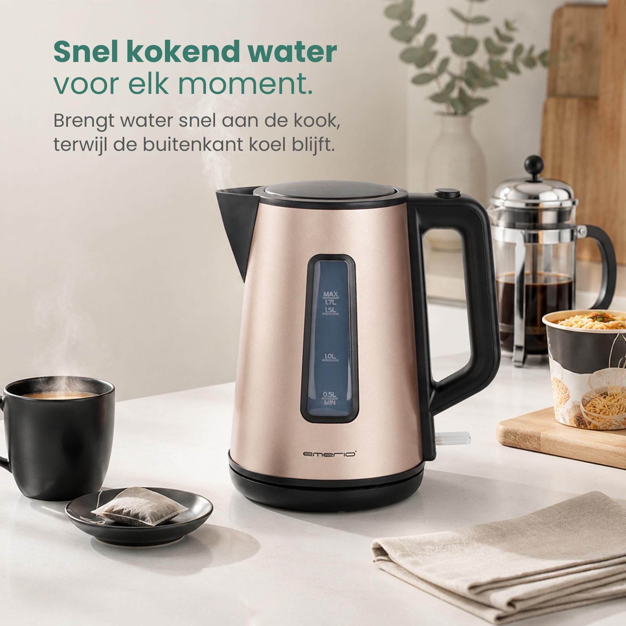 Emerio Waterkoker WK-122829 – 1,7 Liter – 2200 W – Cool Touch – Automatische Uitschakeling – RVS/Zwart