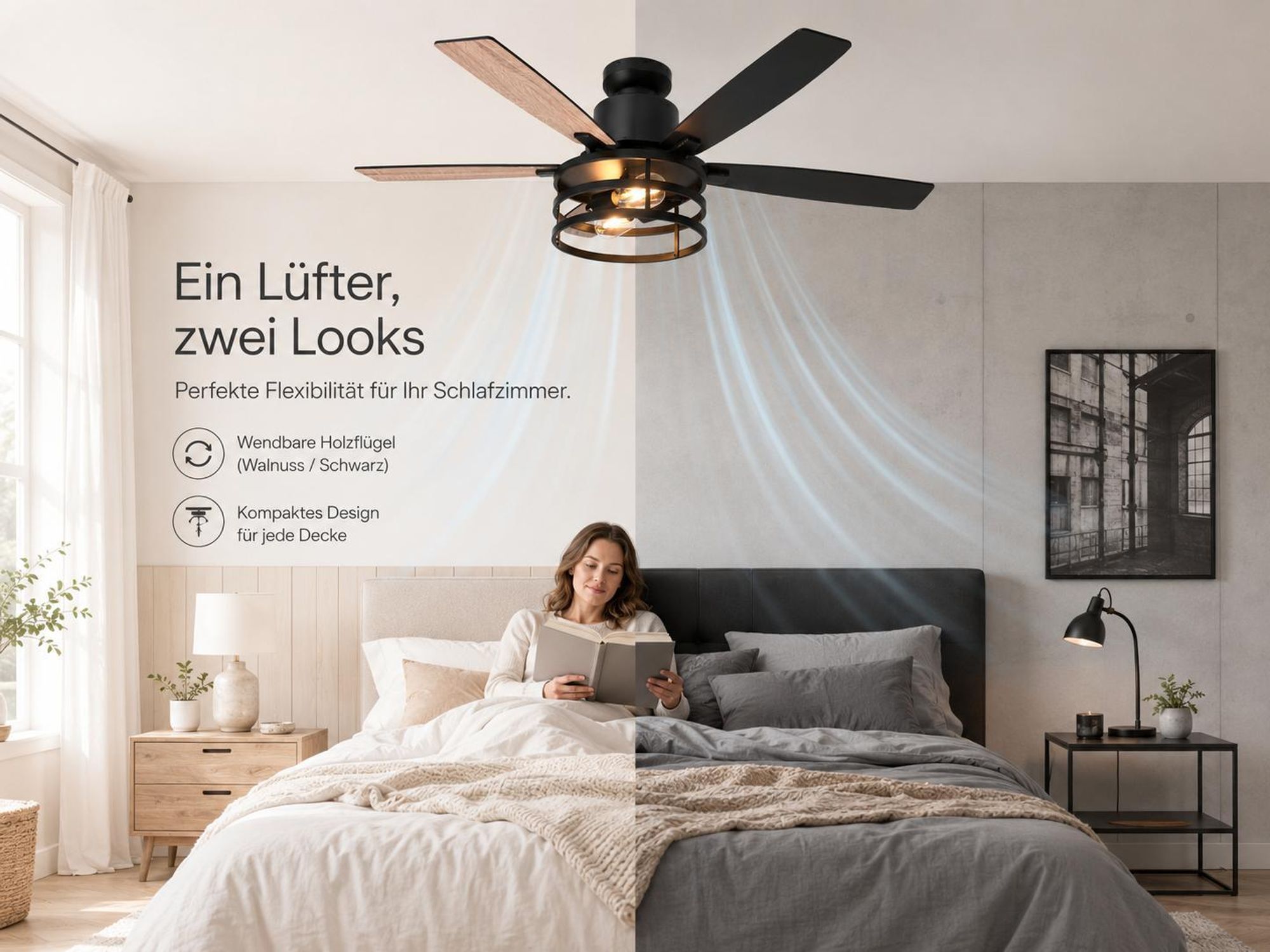 Ø112 cm Deckenventilator mit Licht und Fernbedienung Industrie Käfig-Design Leise DC Motor 5 Wendbare Flügel Deckenlüfter für Schlafzimmer Wohnzimmer