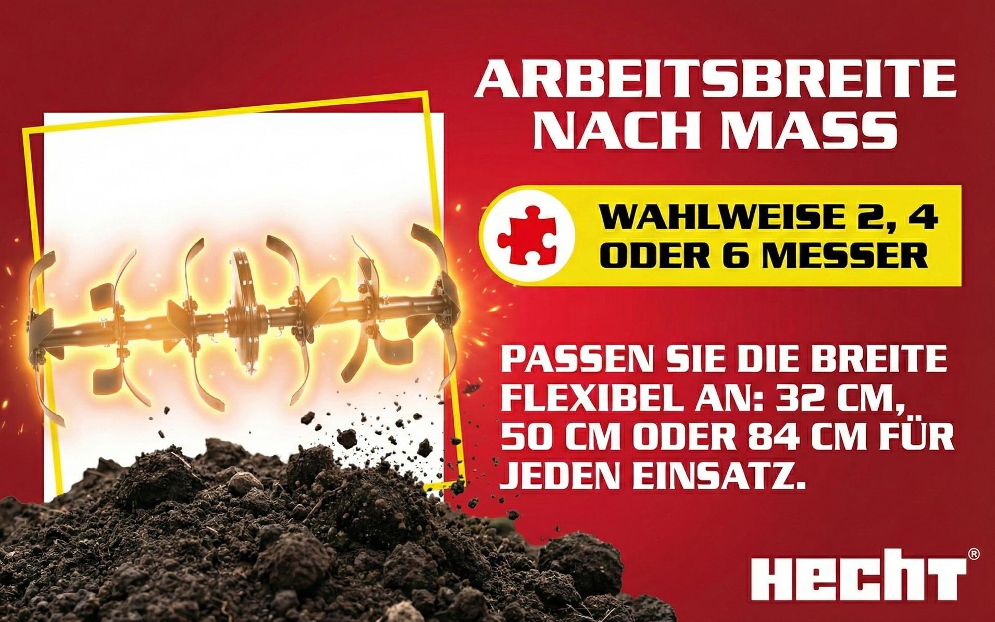 HECHT 785 Motorhacke Benzin | 32-84 cm Arbeitsbreite | 32 cm Arbeitstiefe | 6,5 PS | 4,5 kW | 196 cm³