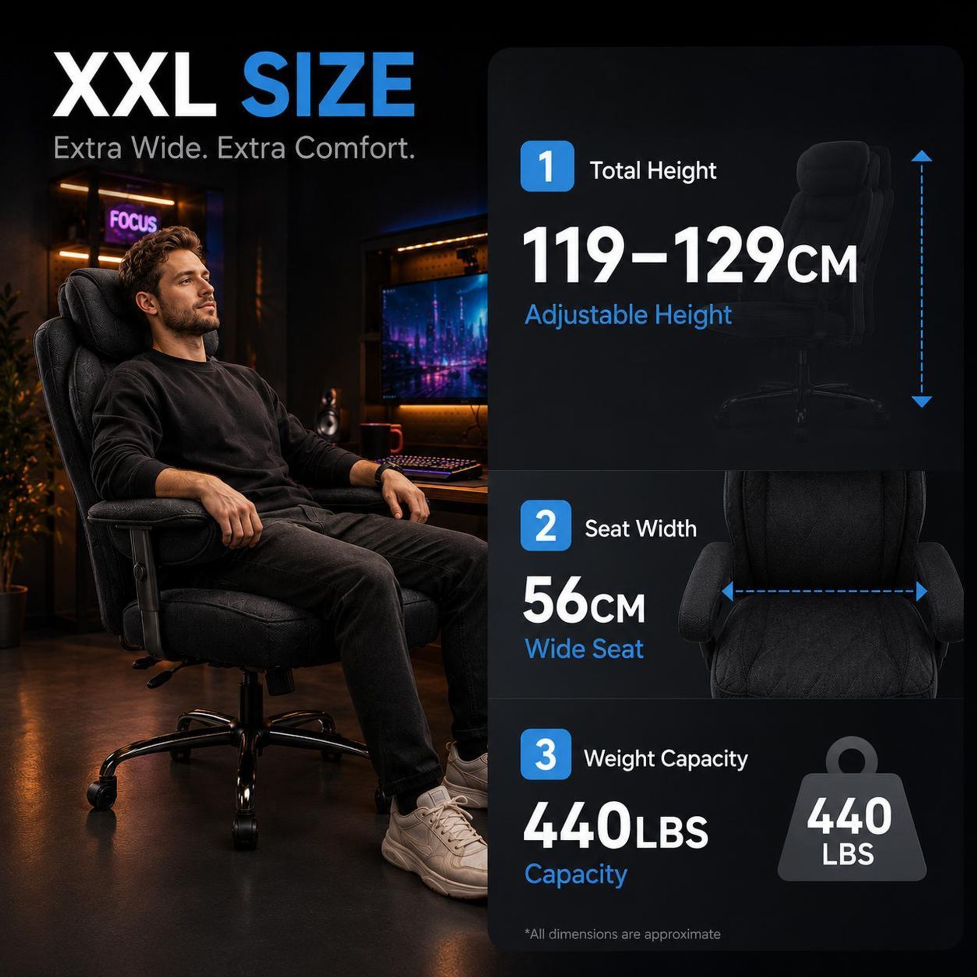 Schwarzer XXL Gaming-Stuhl mit einstellbarer Höhe, 56 cm Sitzbreite und Tragfähigkeit bis 440 lbs