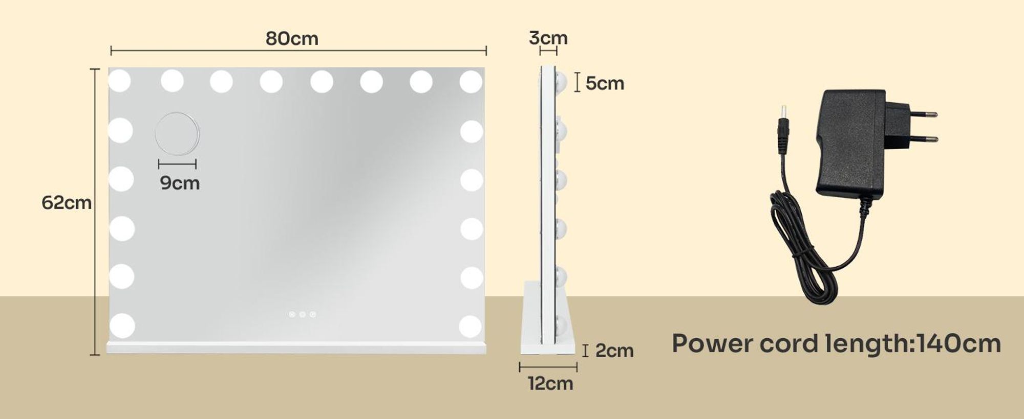 Puluomis toaletní zrcadlo Hollywood 18 LED 80x60cm 3 barvy světla Stmívatelné kosmetické zrcadlo Zrcadlo s osvětlením, 10x nastavitelné rozměry, nástěnné zrcadlo bílé barvy