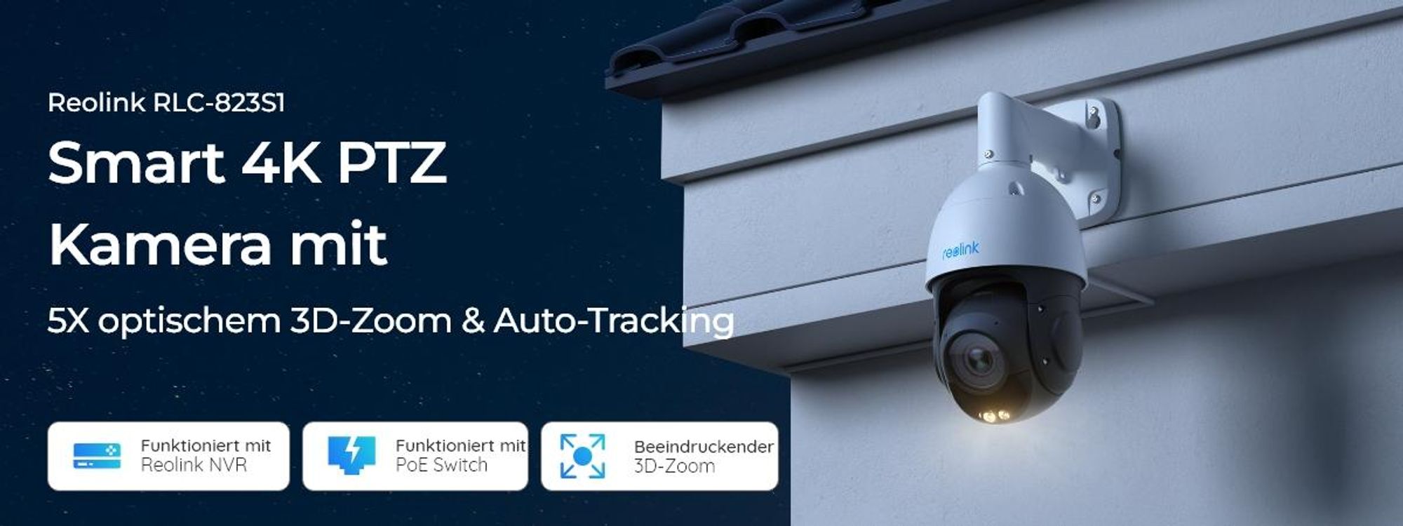 Reolink RLC-823S1, 4K 8MP PoE Überwachungskamera, 360° Abdeckung, 5X optischem Zoom, Auto-Tracking, Farbnachtsicht, Personen-/Fahrzeug-/Tiererkennung