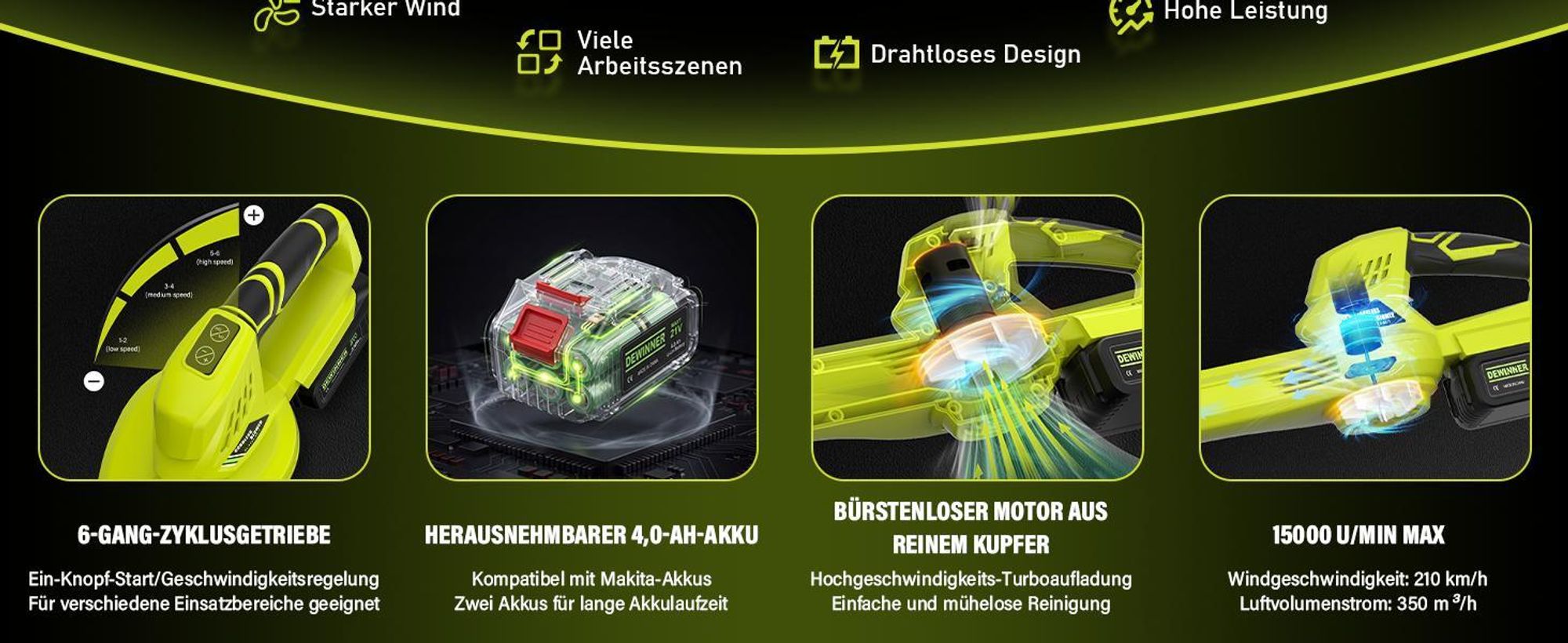 DEWINNER Kabelloser Laubbläser, 2 x 4.0Ah Akkus, 210 km/h, 6 verstellbare Geschwindigkeiten, 2 abnehmbare Rohre, Komplettset, Profi & Garten, Grün