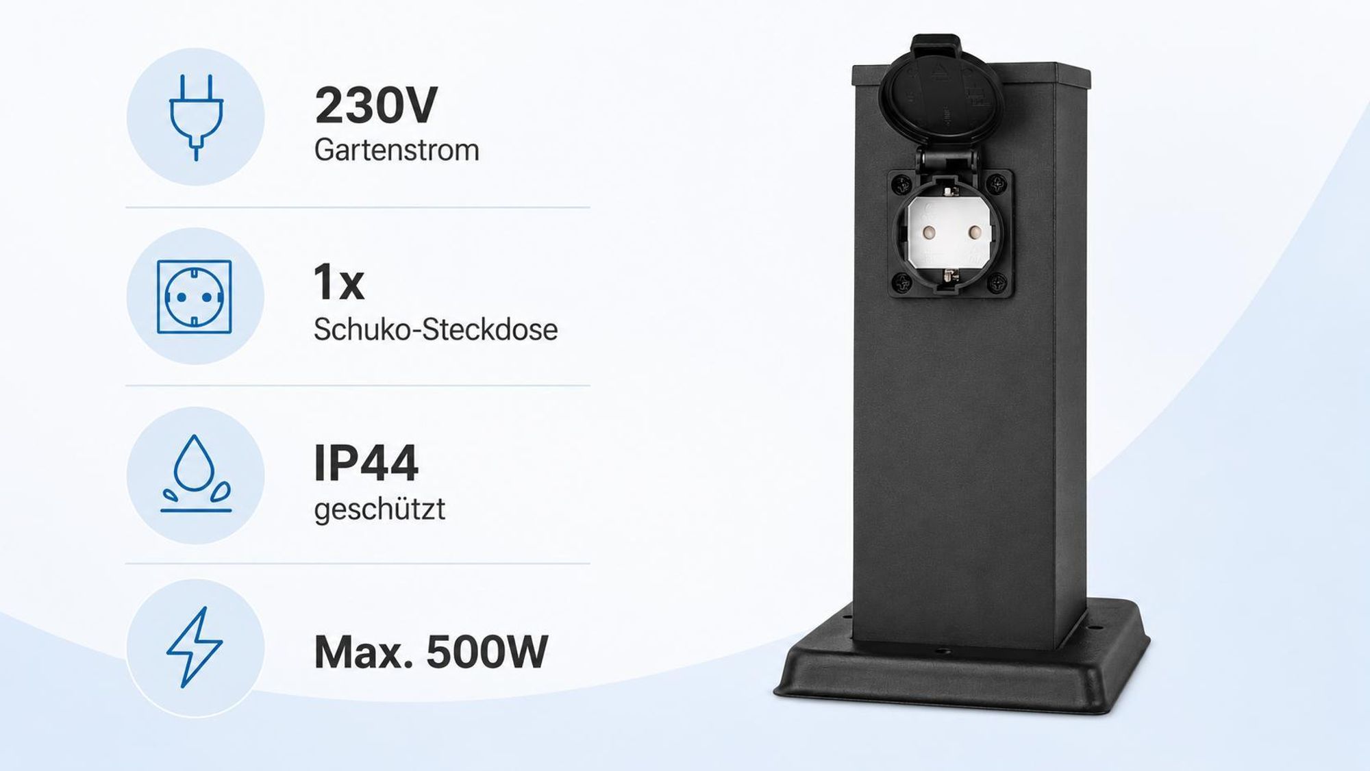 MasterLED Gartensteckdose Schwarz 20 cm Aluminium Steckdosensäule mit Steckdose für Garten Terrasse und Außenbereich