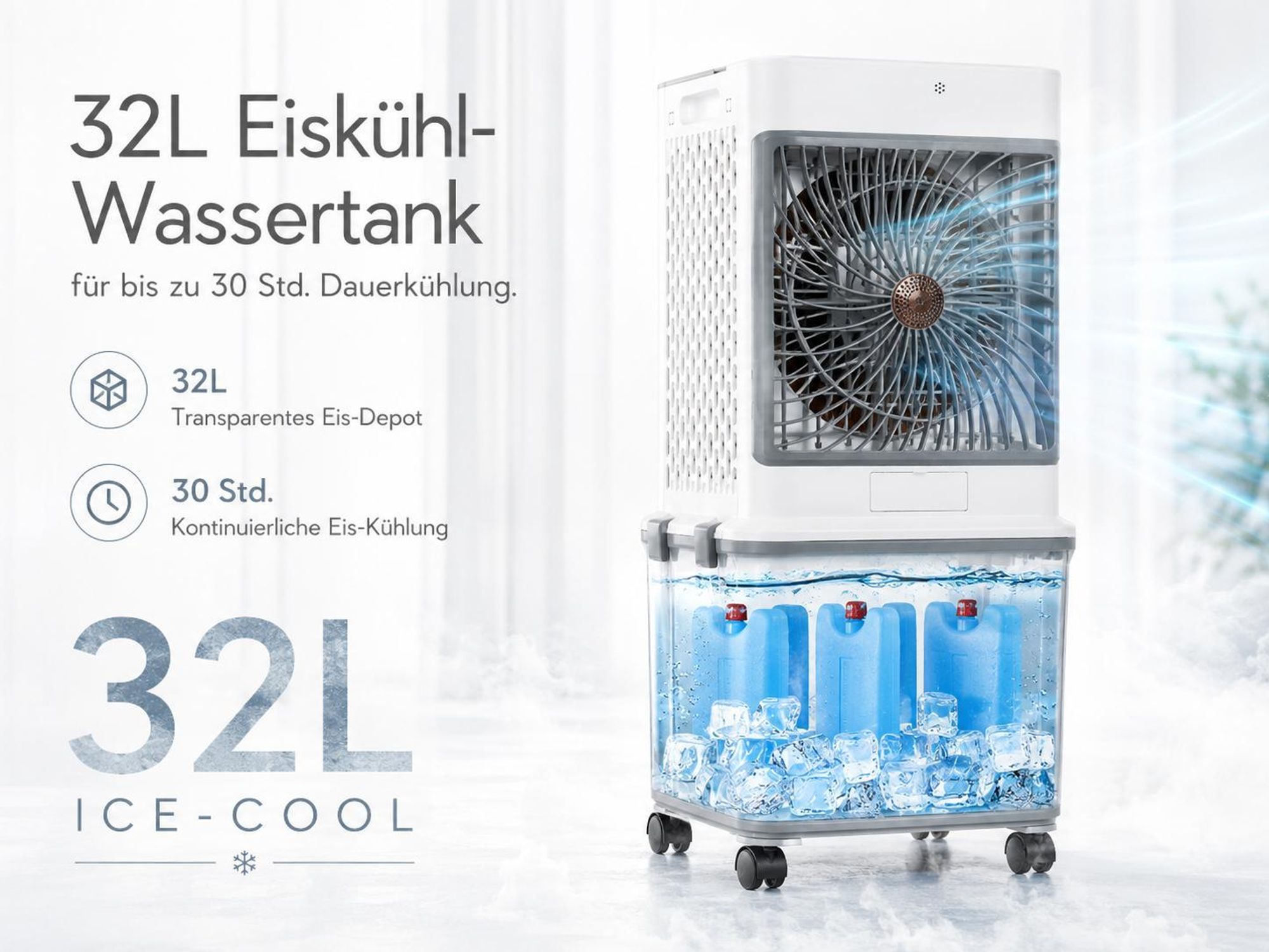 32L Klimagerät Mobil Ohne Abluftschlauch 70W Klimaanlage mit 4 Eisboxen 30H Laufzeit 30dB Leise Ventilator Mit Wasserkühlung Wohnung Zimmer Räume 85cm