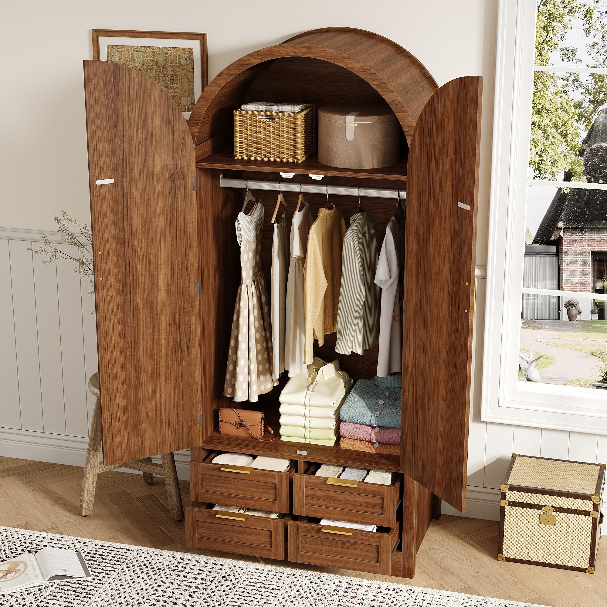 Merax Moderner Kleiderschrank mit gebogenen Türen, Stauraum mit Kleiderstange und Schubladen, Luxus Kleiderschrank für Schlafzimmer und Flur, Nussbaum