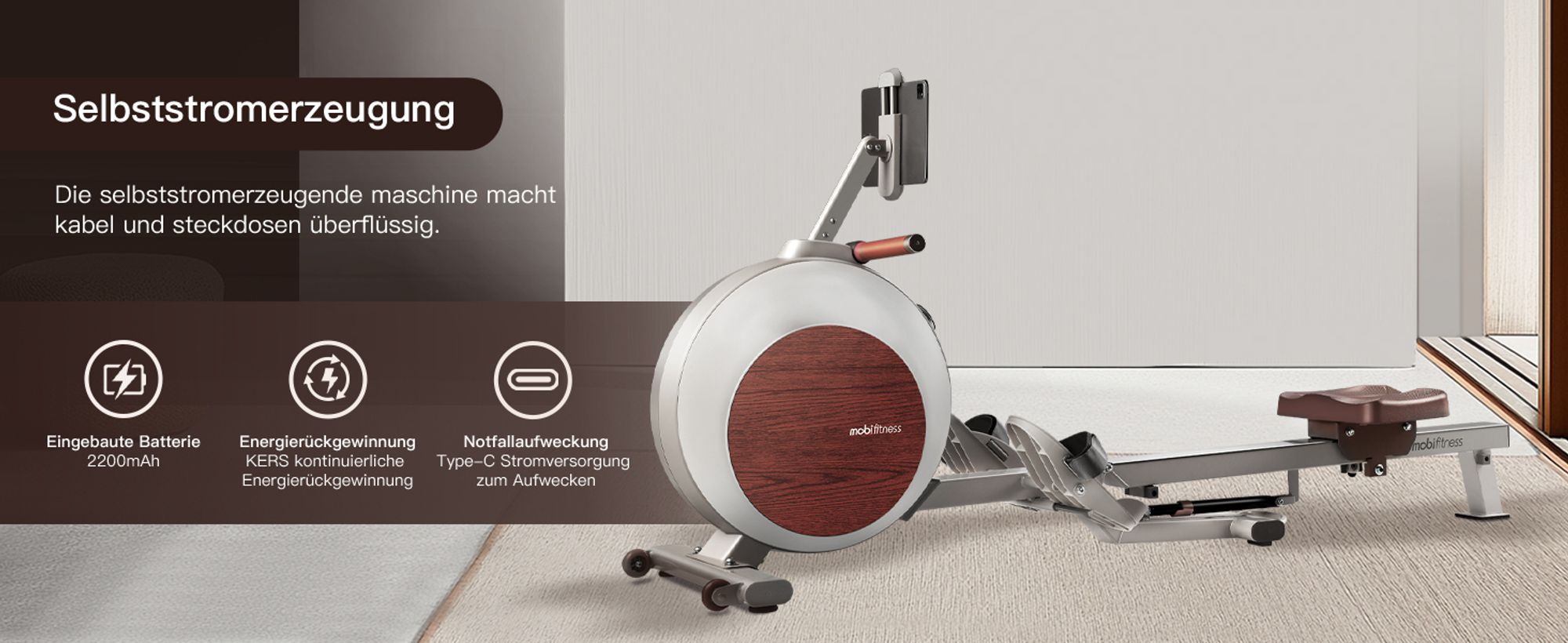 MOBI FITNESS Ruby Rudergerät mit Akku für Zuhause, Klappbares Rudergerät mit 40-stufigem Widerstand, leises Magnetbremssystem, 135kg belastbar