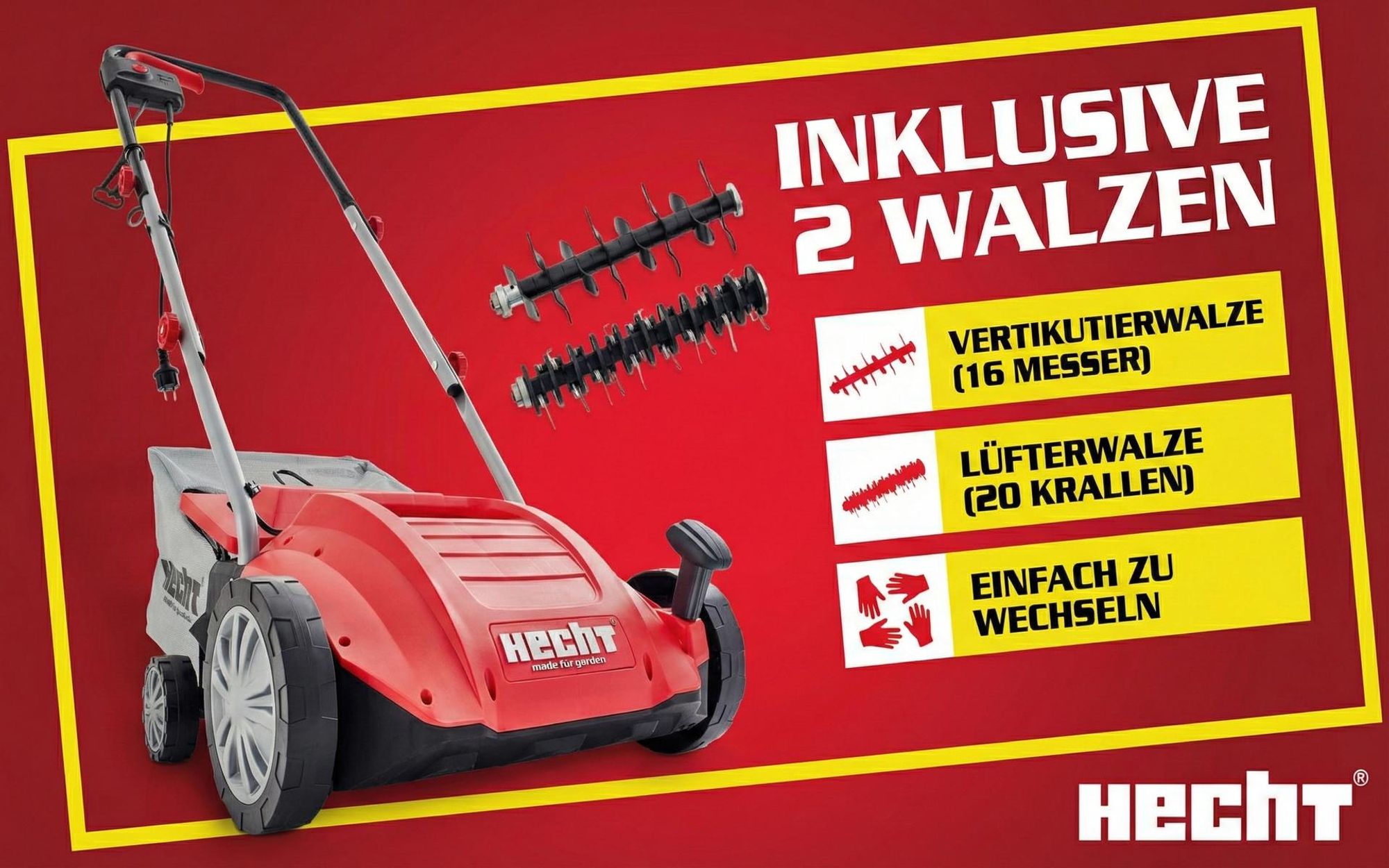 HECHT 1420 Vertikutierer Elektro | 2in1 Rasenlüfter | 32 cm Arbeitsbreite | 1500W | 35L Fangkorb | 16 Messer