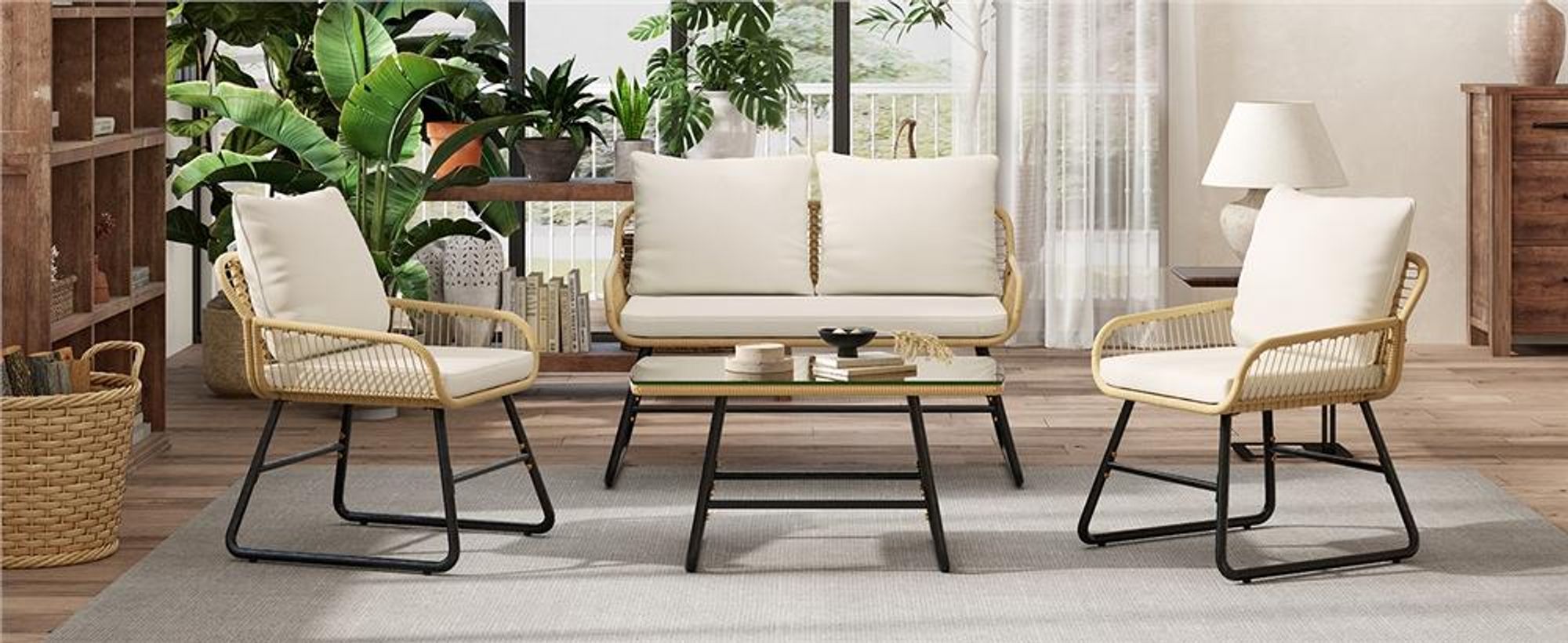 Yaheetech 4-tlg. Gartenmöbel-Set aus Polyrattan, 2-Sitzer & 2 Sessel & 1 Tisch, Lounge-Set mit Sitzkissen, Sitzgruppe für Balkon Terrasse, Bohème-Stil