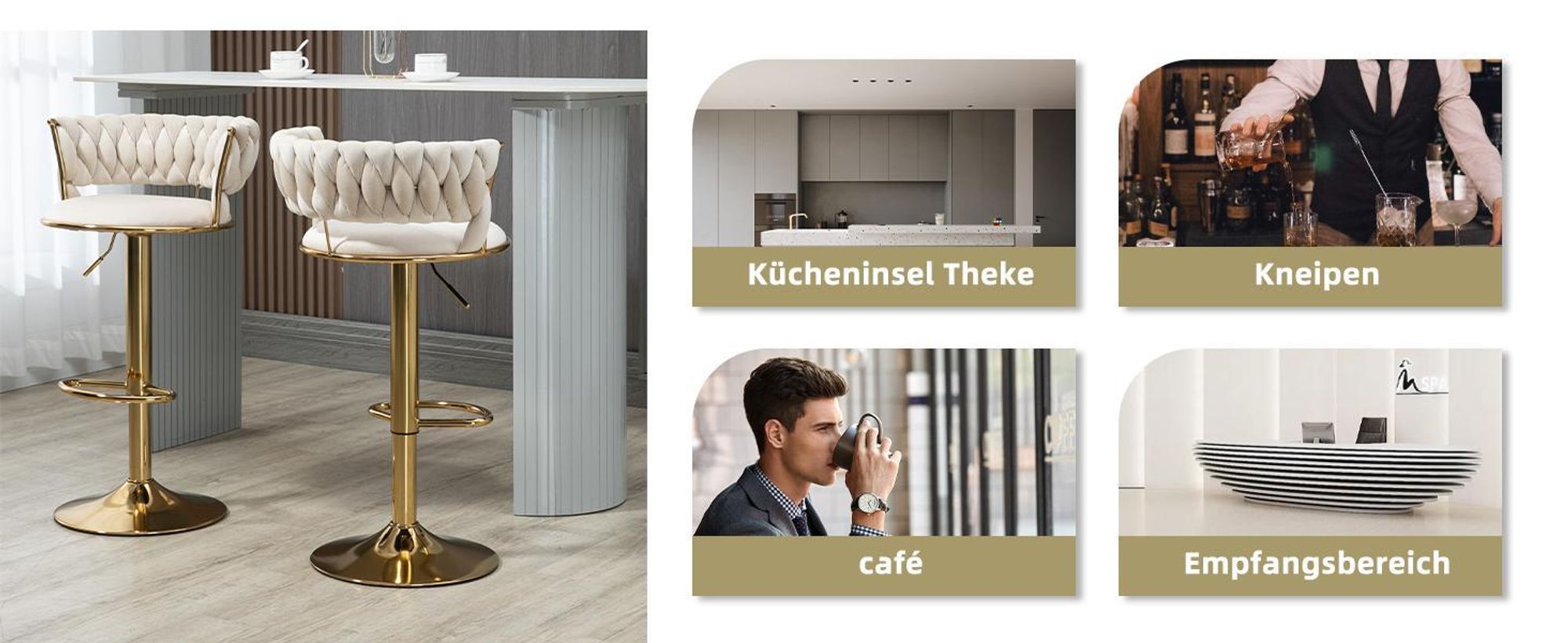 LVHOM 2er Set Barhocker Barstuhl mit Rückenlehne, Tresenhocker Samtbezug höhenverstellbar Hocker 360° drehbar, Goldene Metallsockel, Ivory