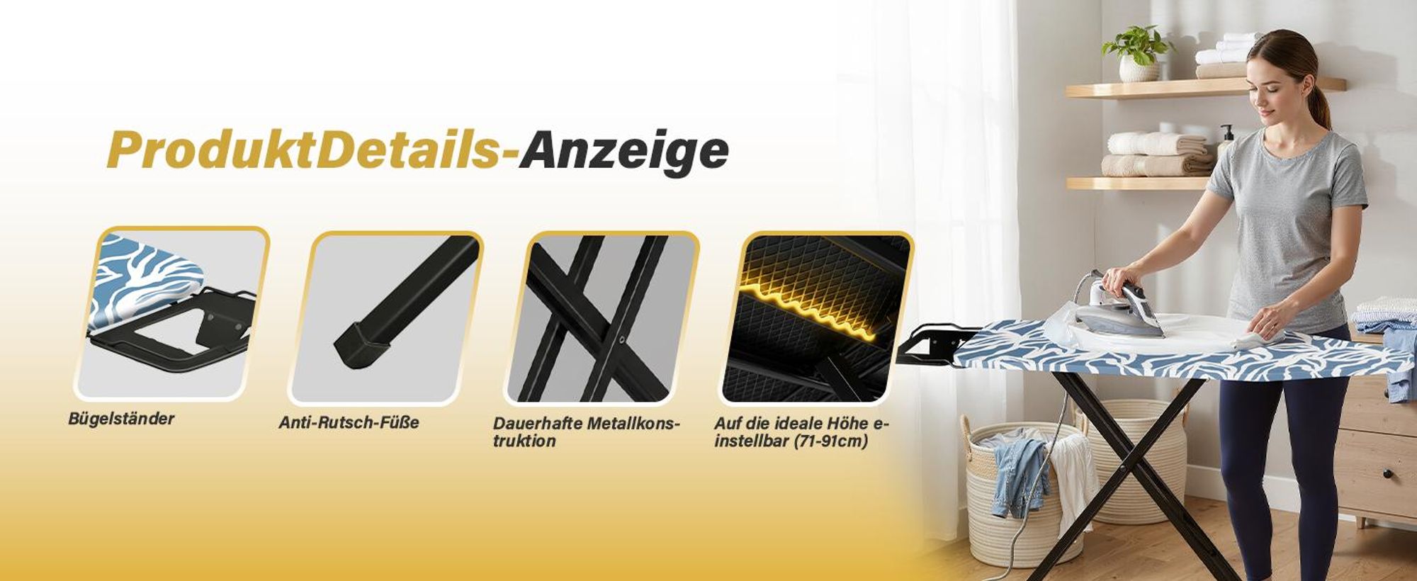 STANEW Bügelbrett 122 x 38 cm,Klappbares Bügelbretter Bügeltisch für Dampfbügeleisen,Sicherheitsschließsystem,höhenverstellbar