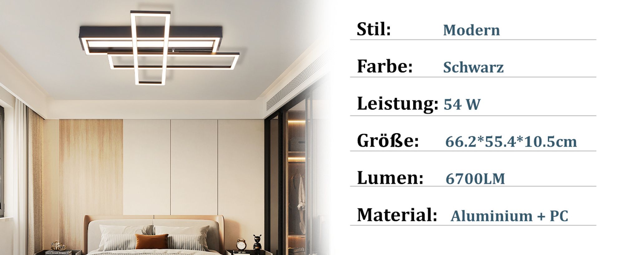 ZMH Deckenlampe LED Deckenleuchte Wohnzimmer 54W Schwarz Dimmbar Schlafzimmerlampe Modern mit Fernbedienung  Flur Rechteckig Deckenleuchten