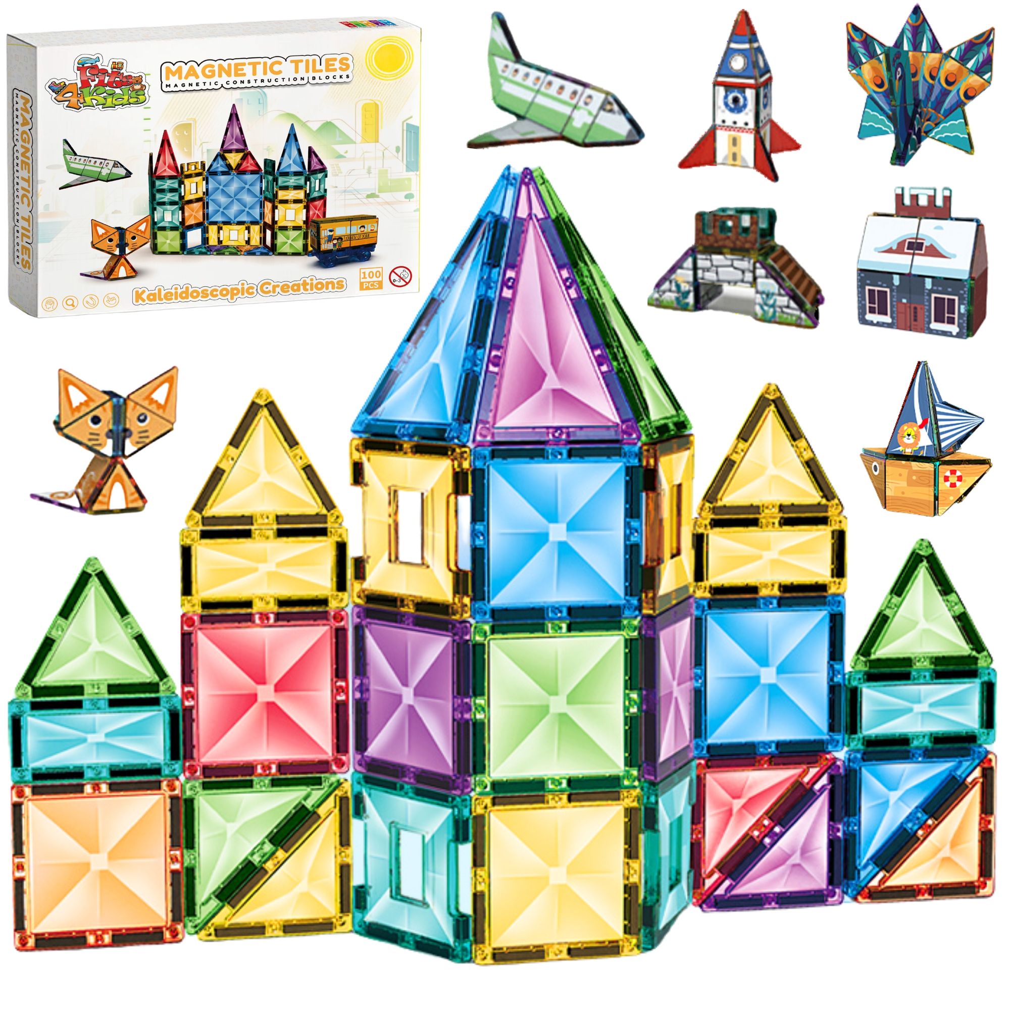 Fits4Kids Magnetische Bausteine – 100 + (99) Teile - Kreatives Spielzeug für Kinder – Perfekt für Bildung und Spaß – Magnetic tiles