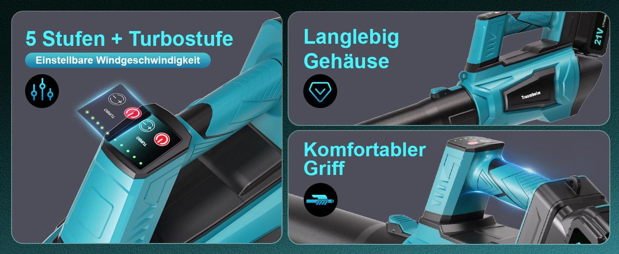 Akku Laubbläser kompatibel Makita 18V Akku, 5 Stufe+Turbo, Bürstenloser Motor, 306 km/h Luftgeschwindigkeit, für Schnee, Laub, Auto, Haus (onhe akku)