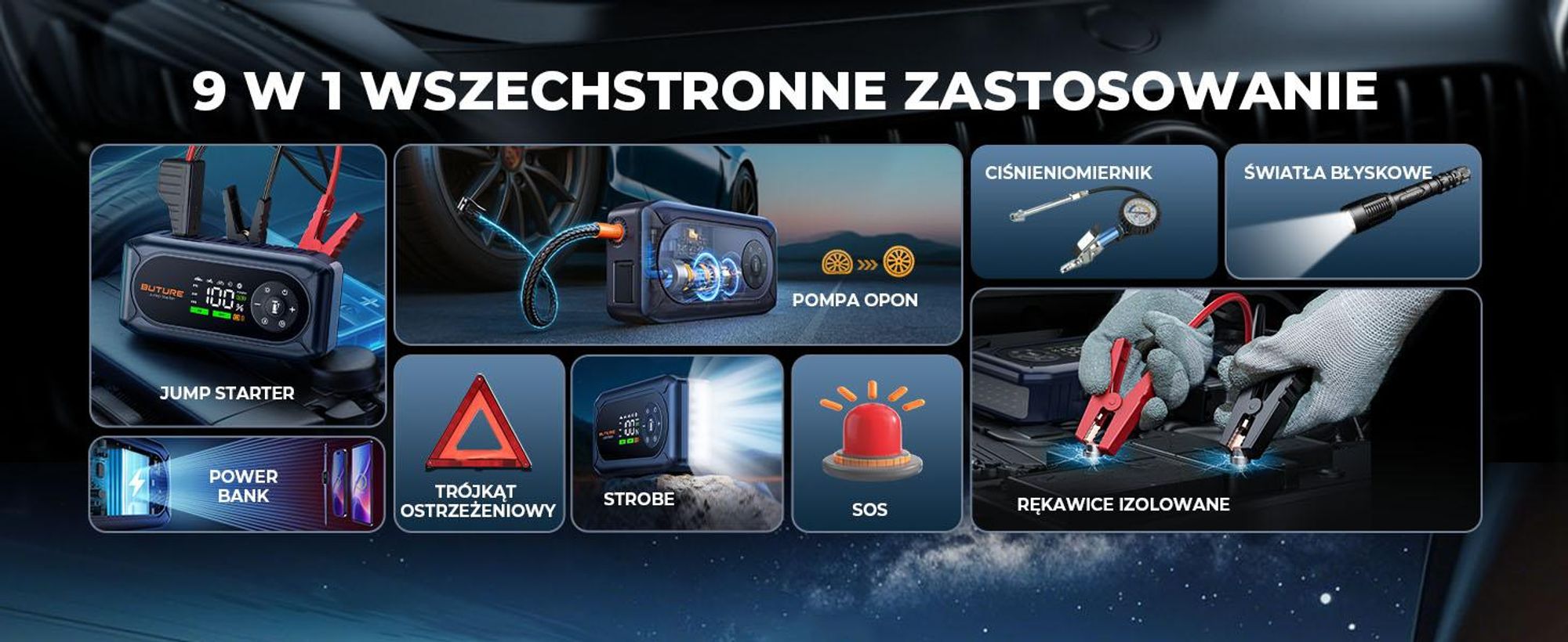 Buture Rozrusznik samochodowy Jump Starter Power Bank, 5000 A, 16800 mAh(do wszystkich silników benzynowych i silników Diesla  10,0L) BC02