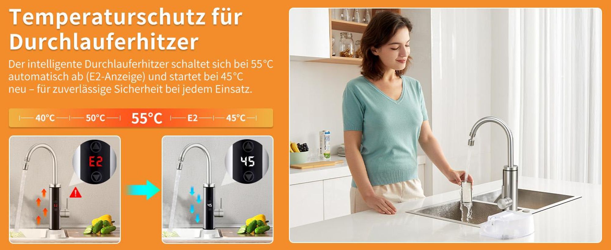 Elektrische Küchenarmatur mit Durchlauferhitzer, Gebürstet Wasserhahn Küche mit LED Temperaturanzeige,Smart Heater Wasserhahn 360° drehbar