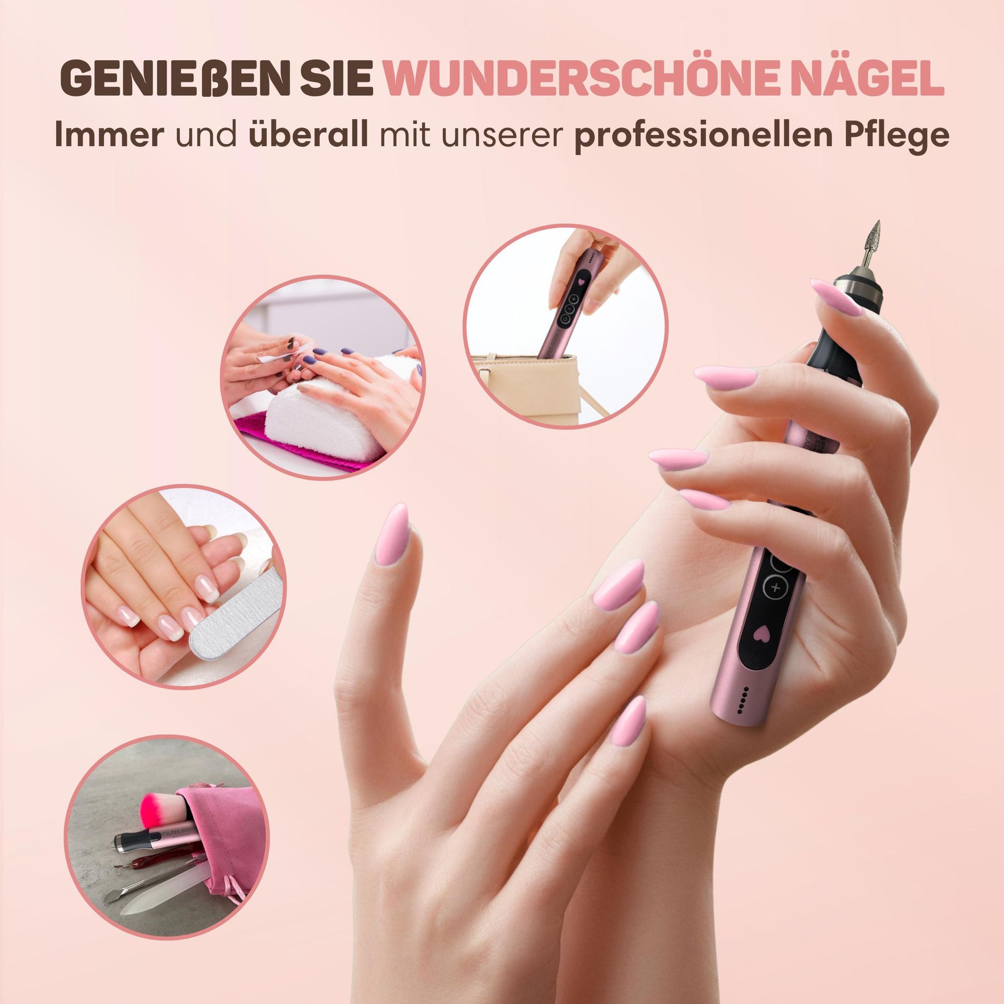 Vulpes Goods Elektrische Nagelfräser, Maniküre und Pediküre Set, Nagelfeile, Drahtlos & Aufladbar, Nagelpfeile, 11 Nagelfräser-Bits, 96 Schleifrollen