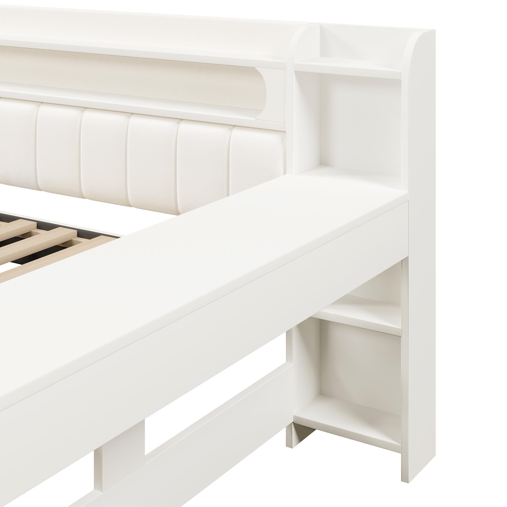 Merax Tagesbett 140x200 mit 2 Schublade, USB-Anschluss, LED, Schreibtisch, Stauraum, Daybett, Schlafsofa Kinderbett mit Leinenkissen, Weiß
