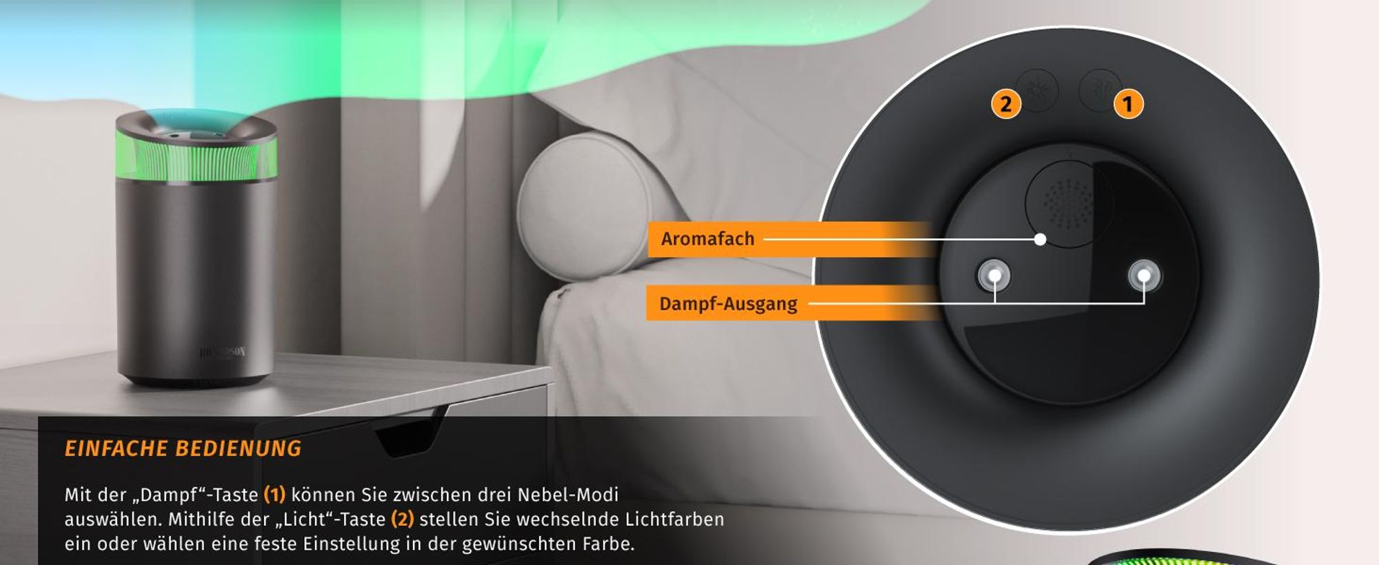 Brandson Luftbefeuchter 2,5 l mit Aroma Diffuser, Ultraschall, 2 schaltbare Nebelausgänge, bis 50 h pro Tankfüllung, 7 LED-Farben, leise unter 30 dB, USB-C, schwarz