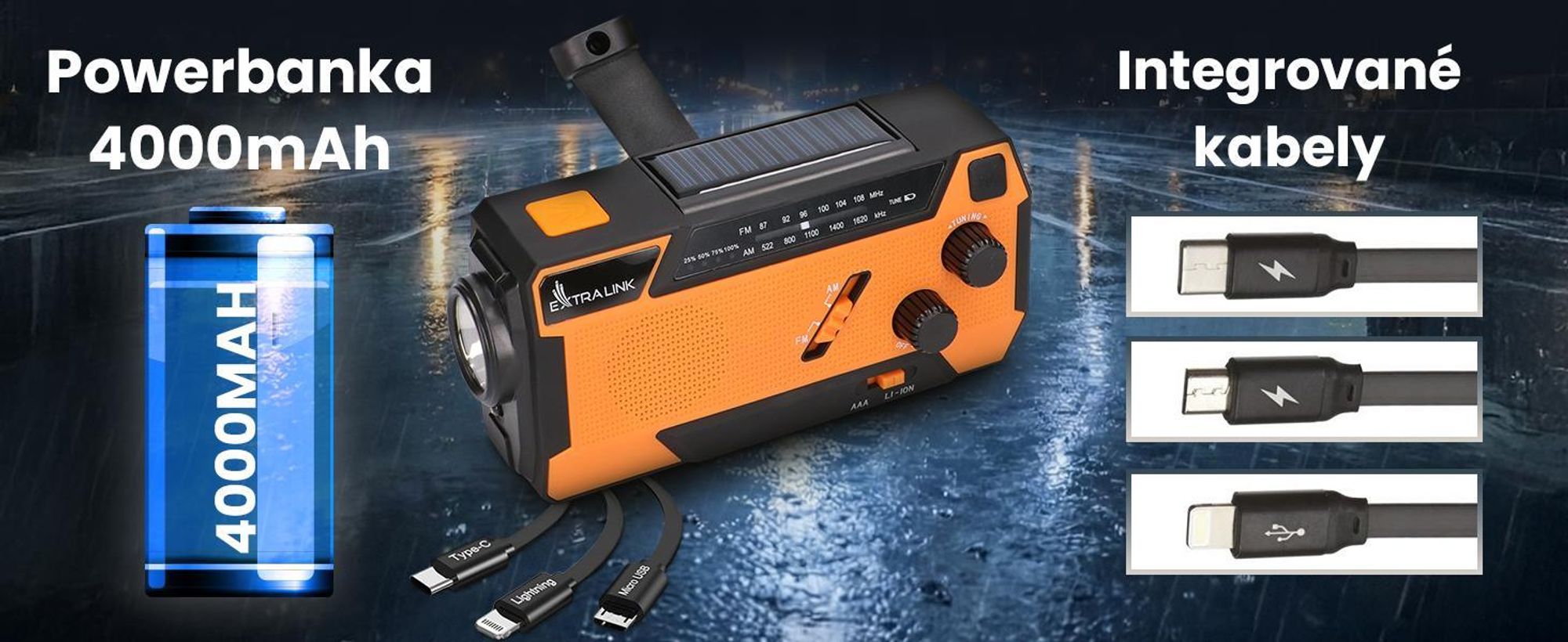 Extralink SR-4000 nouzové solární rádio s klikou a powerbankou