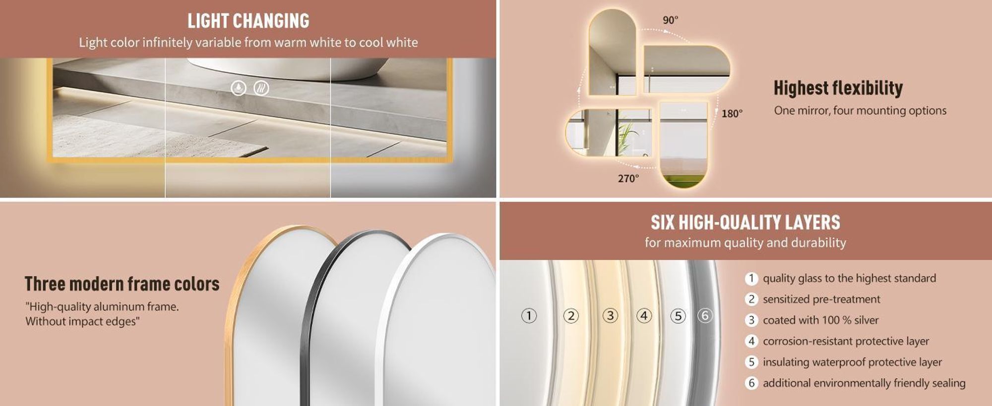 HOKO Miroir de salle de bain anti-buée LED Miroir arqué design 60x100 cm avec cadre métallique, montage HAUT+QUI. Arch miroir de salle de bain+interrupteur tactile+blanc chaud-blanc froid