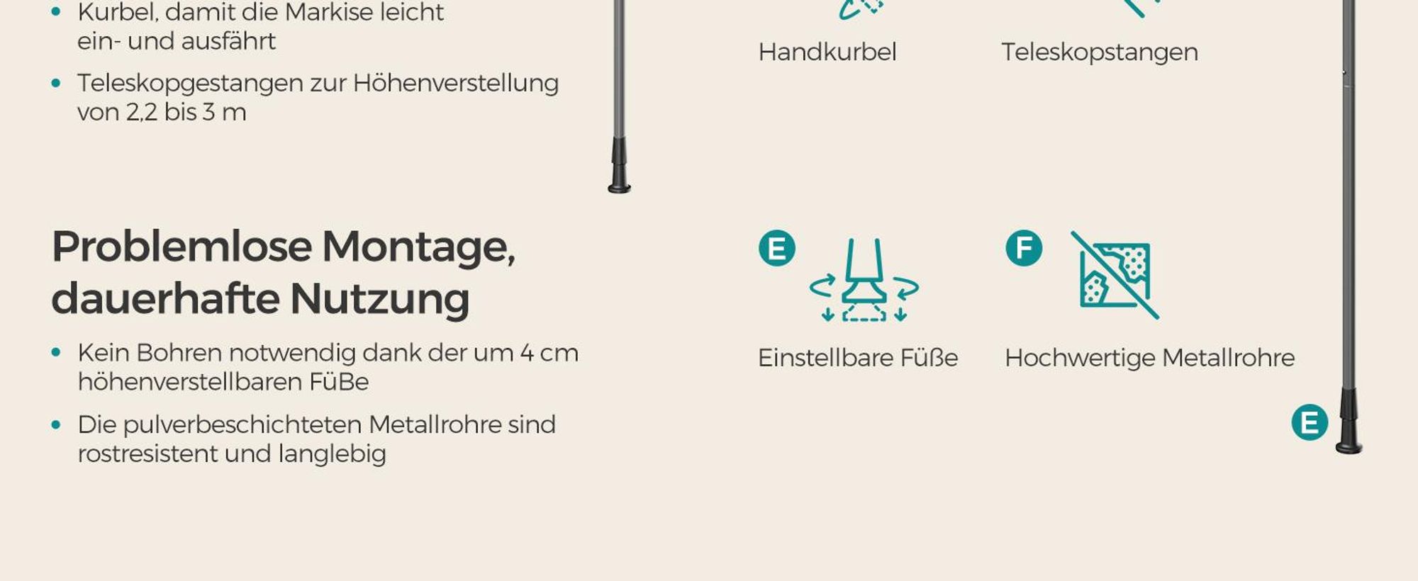 SONGMICS Klemmmarkise, Balkonmarkise, höhenverstellbar, mit Handkurbel